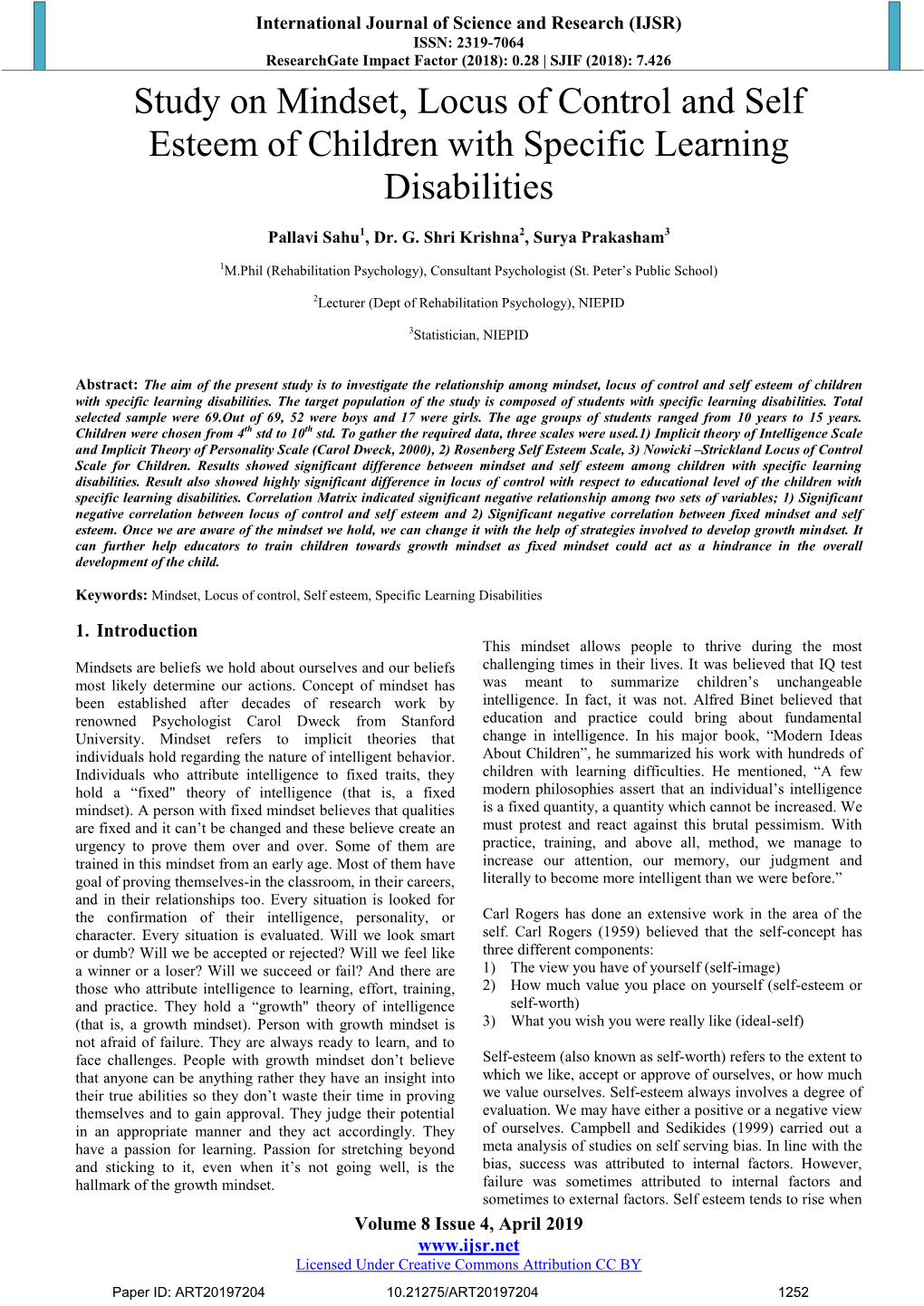 Study on Mindset, Locus of Control and Self Esteem of Children with Specific Learning Disabilities