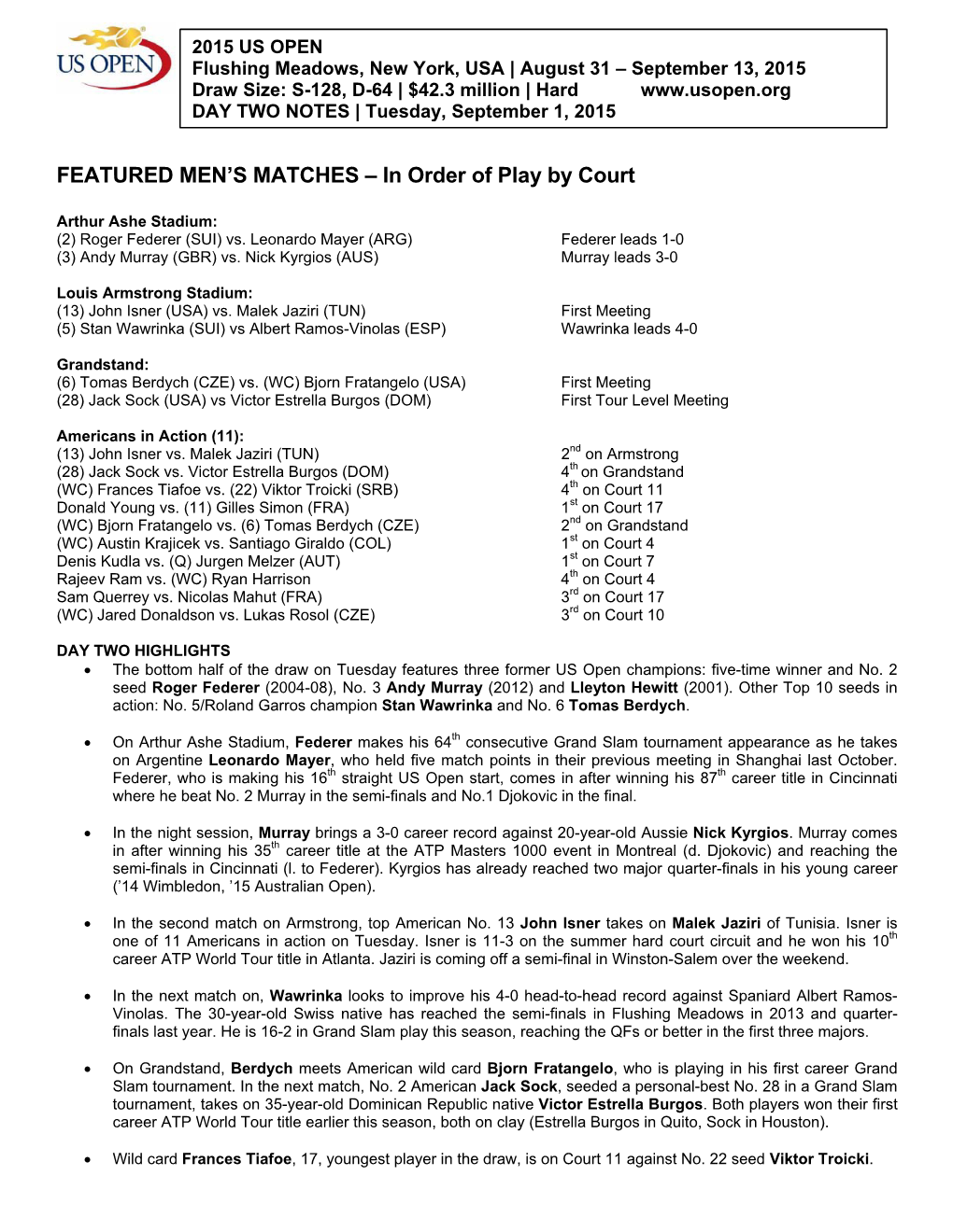 FEATURED MEN's MATCHES – in Order of Play by Court