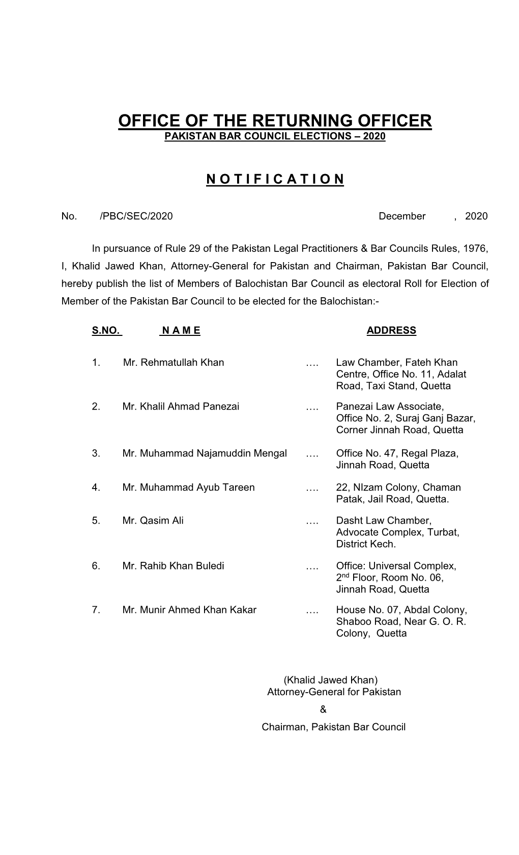 Office of the Returning Officer Pakistan Bar Council Elections – 2020