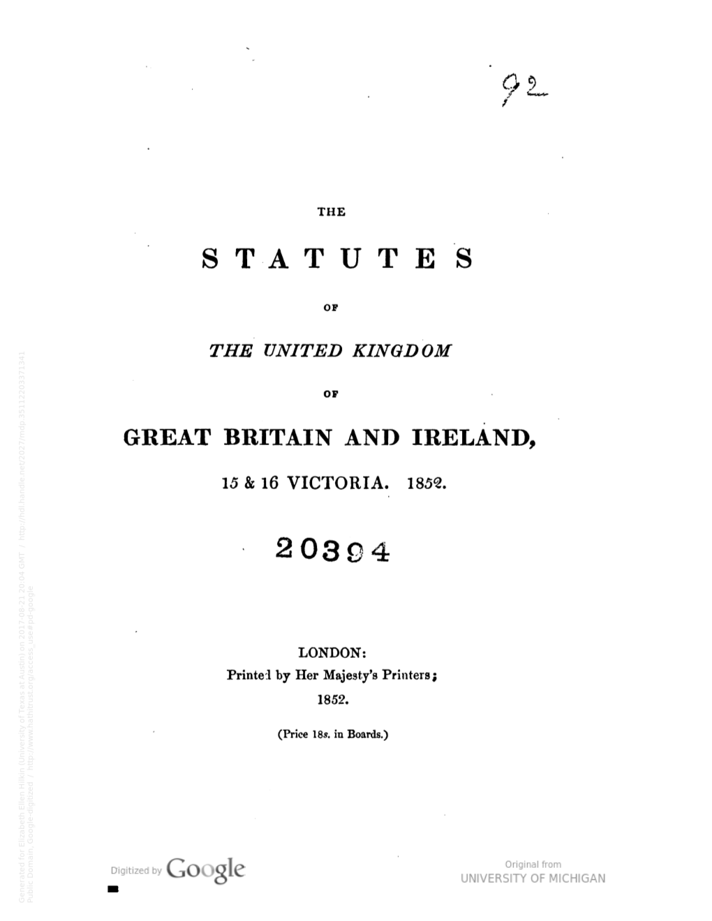 The Statutes of the United Kingdom of Great Britain and Ireland