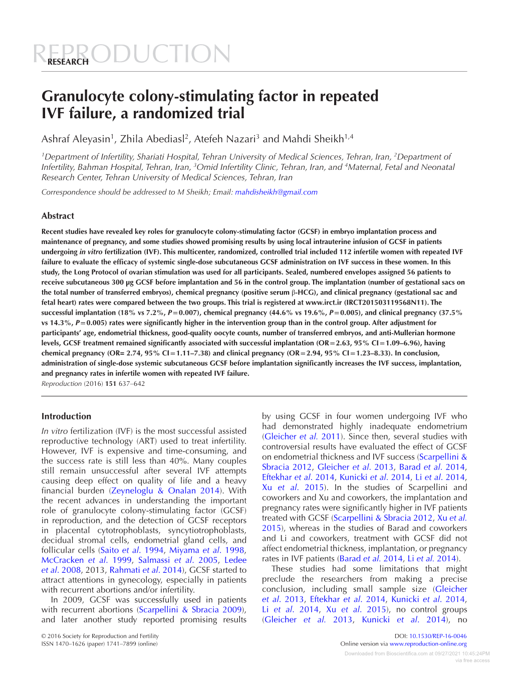 Granulocyte Colony-Stimulating Factor in Repeated IVF Failure, a Randomized Trial