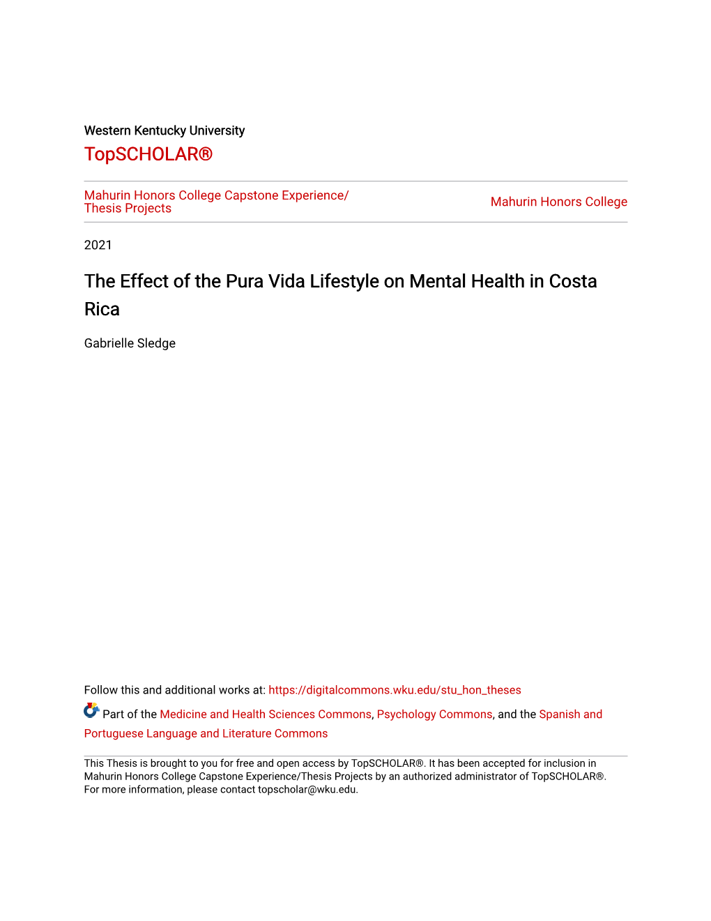 The Effect of the Pura Vida Lifestyle on Mental Health in Costa Rica