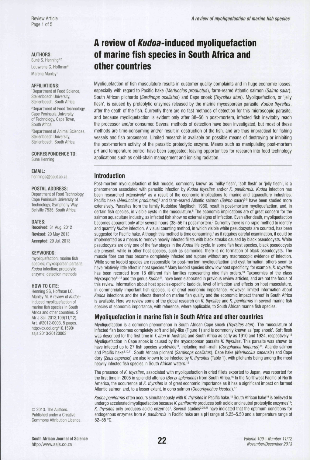 A Review of Kudoa-'Inuuoeû Myoliquefaction of Marine Fish Species in South Africa and Other Countries 22