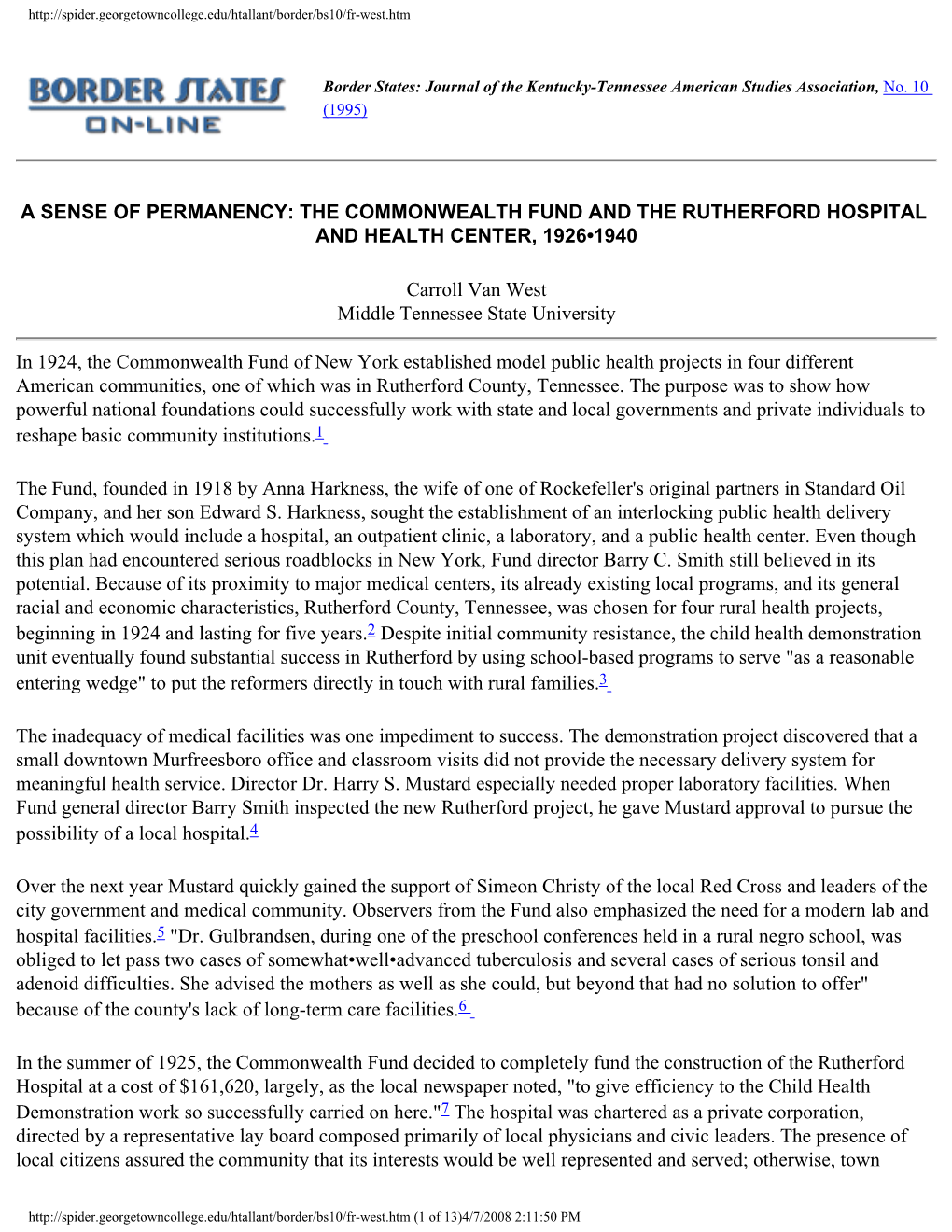 The Commonwealth Fund and the Rutherford Hospital and Health Center, 1926•1940