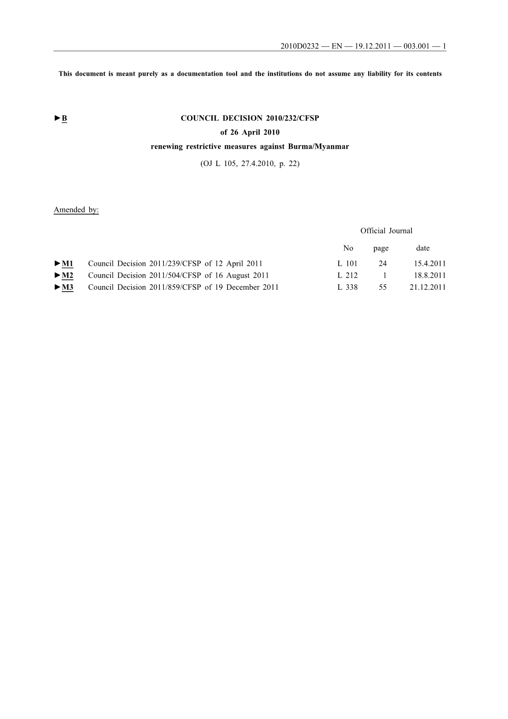 B COUNCIL DECISION 2010/232/CFSP of 26 April 2010 Renewing Restrictive Measures Against Burma/Myanmar