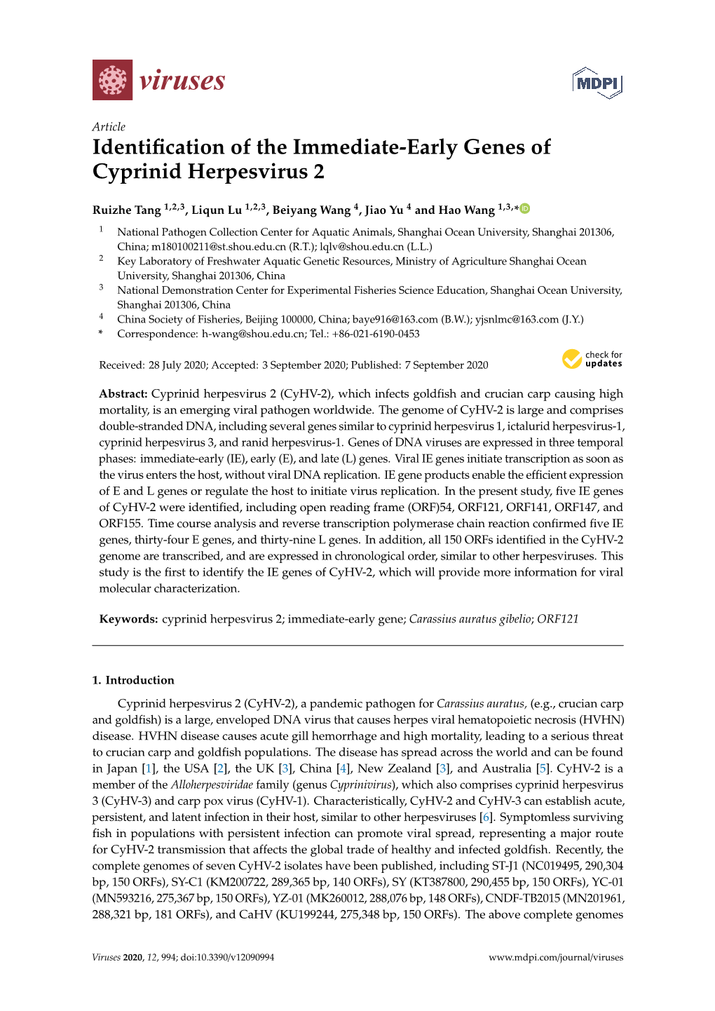 Identification of the Immediate-Early Genes of Cyprinid Herpesvirus 2