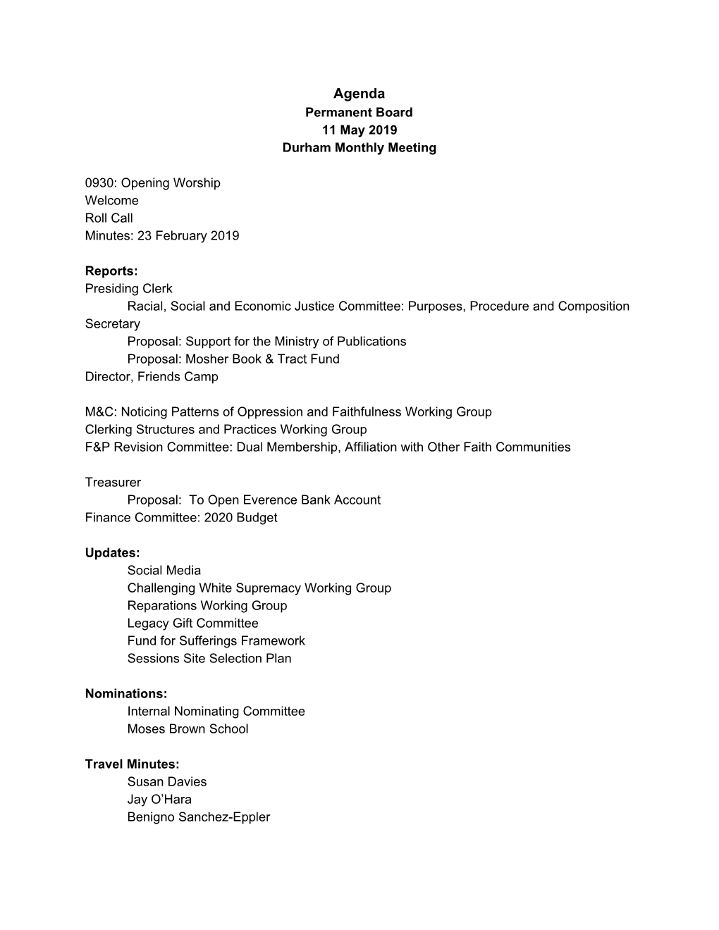 Agenda Permanent Board 11 May 2019 Durham Monthly Meeting