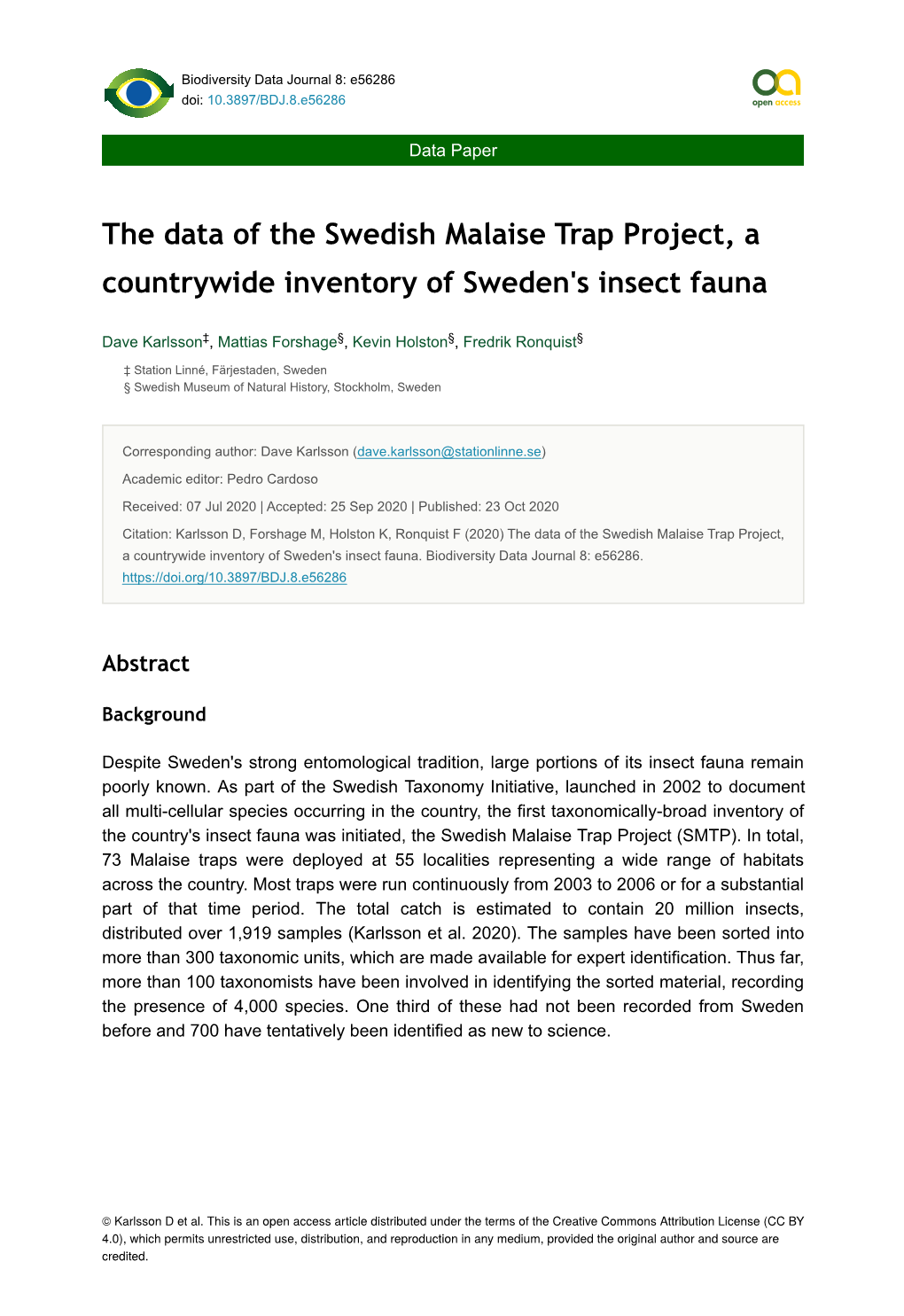 The Data of the Swedish Malaise Trap Project, a Countrywide Inventory of Sweden's Insect Fauna