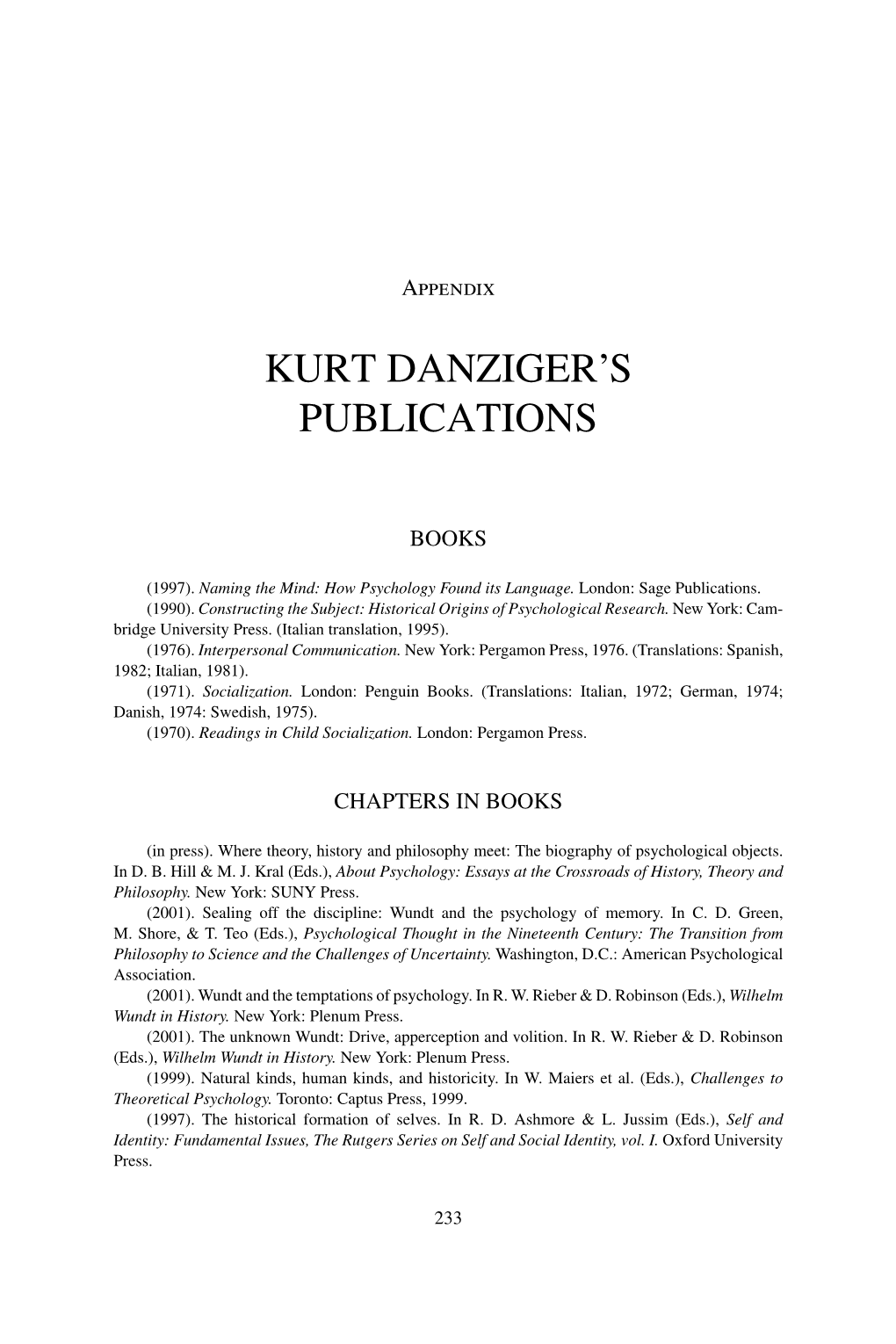 Kurt Danziger's Publications