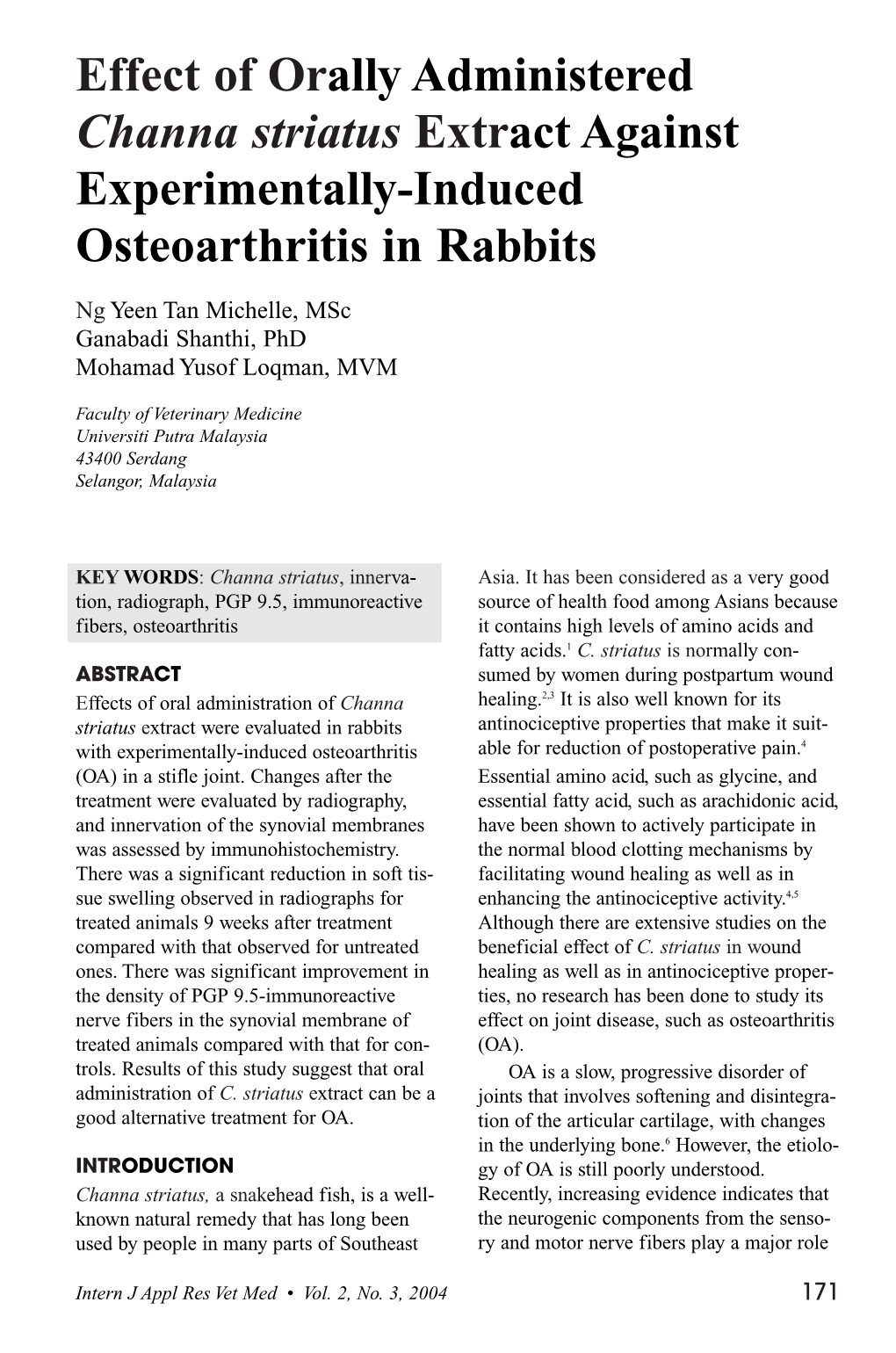 Effect of Orally Administered Channa Striatus Extract Against Experimentally-Induced Osteoarthritis in Rabbits