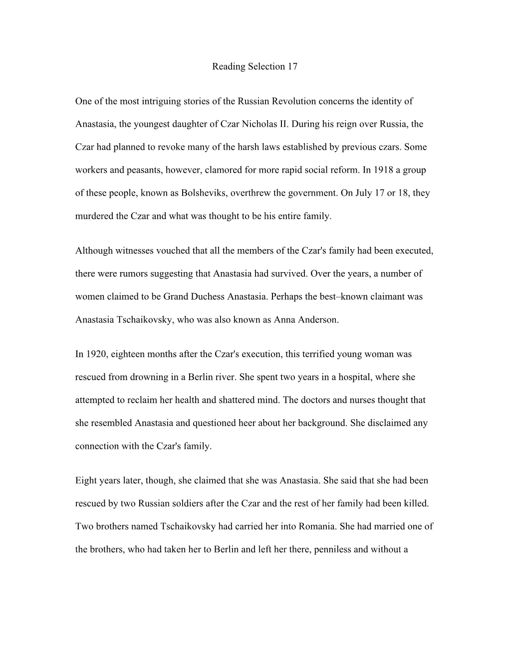 Reading Selection 17 One of the Most Intriguing Stories of the Russian Revolution Concerns the Identity of Anastasia, the Younge