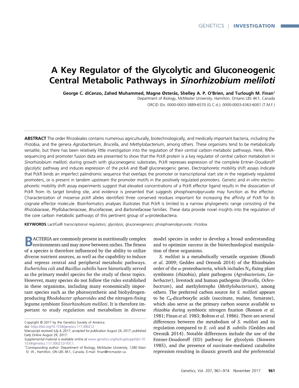 A Key Regulator of the Glycolytic and Gluconeogenic Central Metabolic Pathways in Sinorhizobium Meliloti