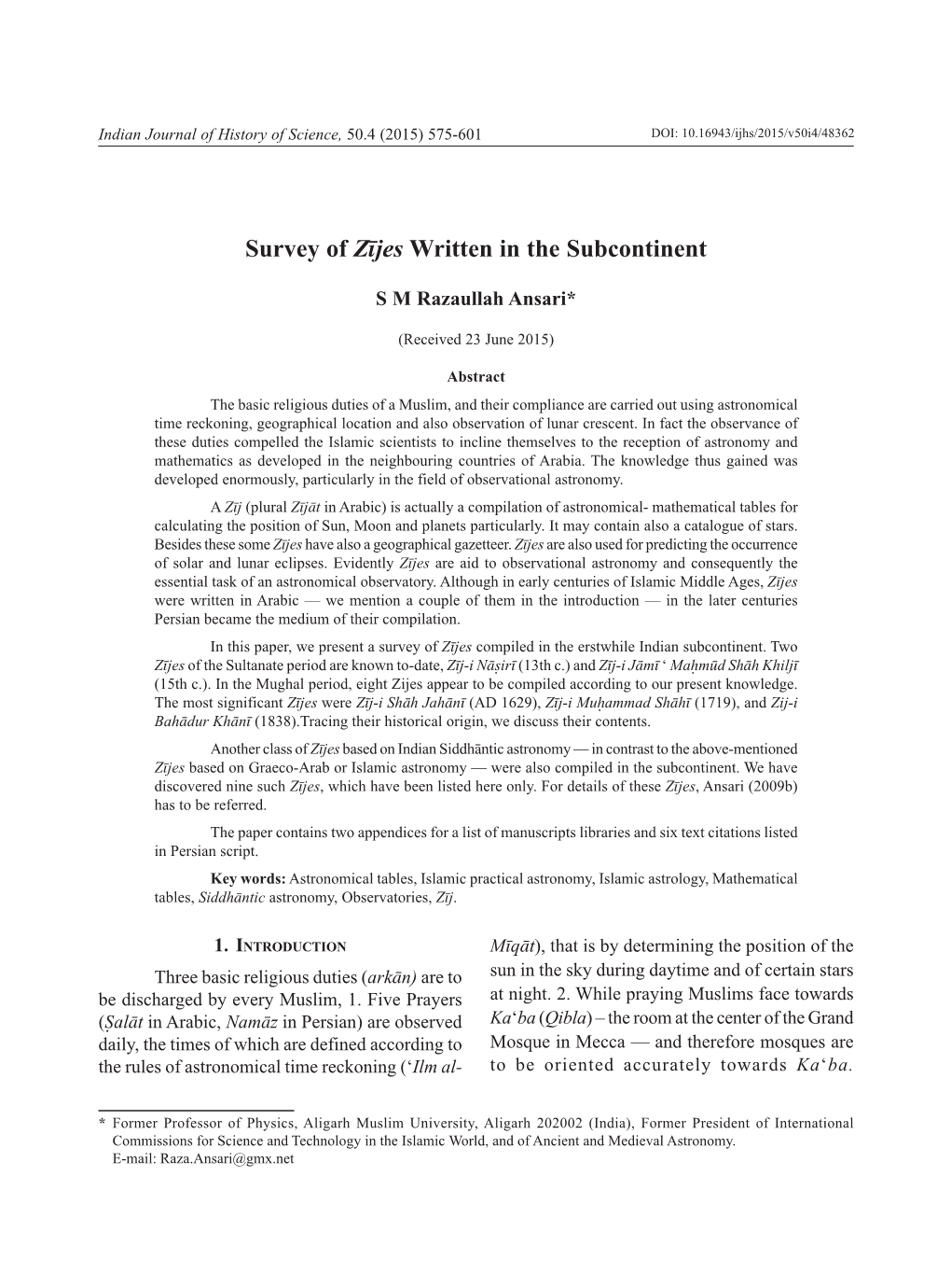 Survey of Zījes Written in the Subcontinent