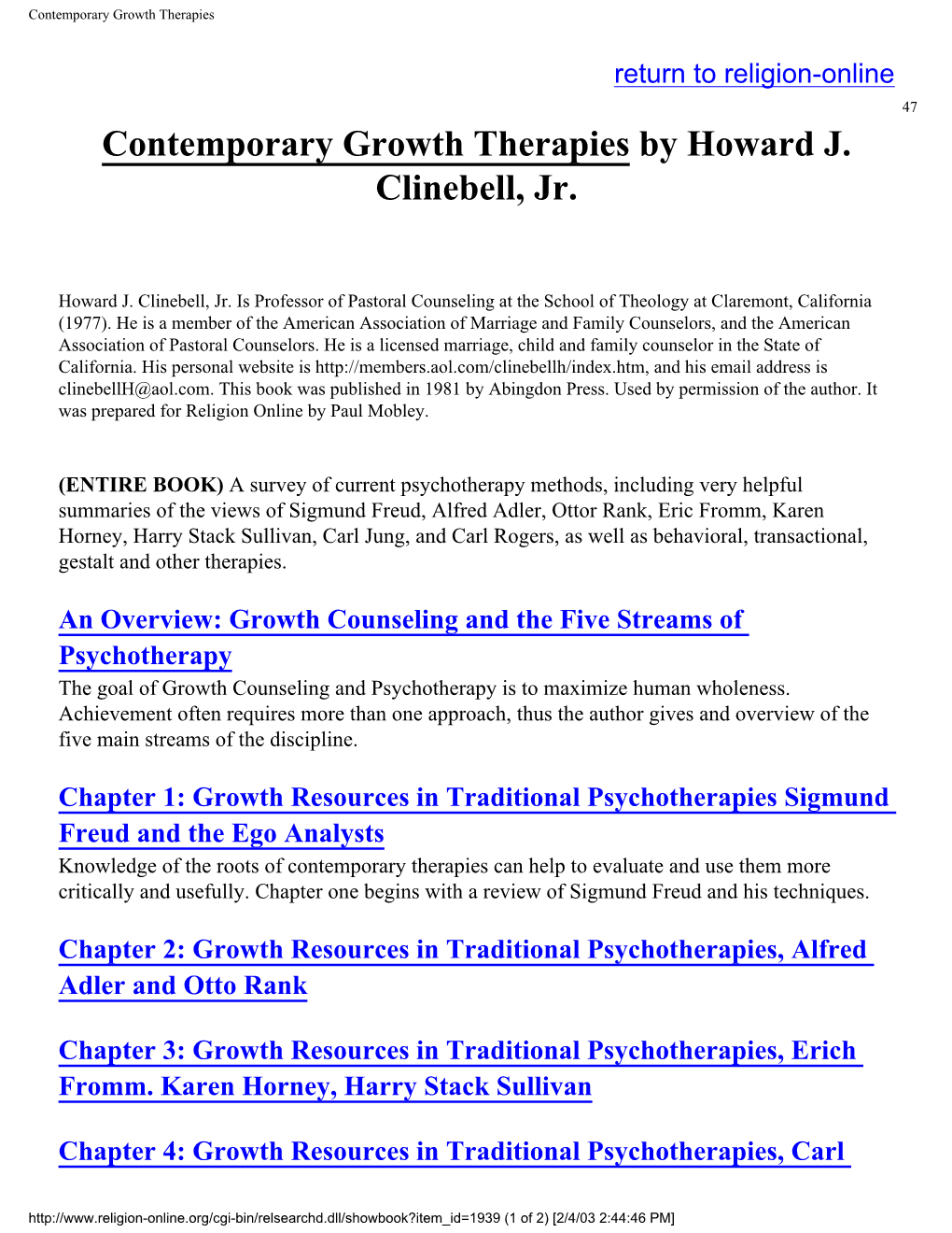 Contemporary Growth Therapies by Howard J. Clinebell, Jr