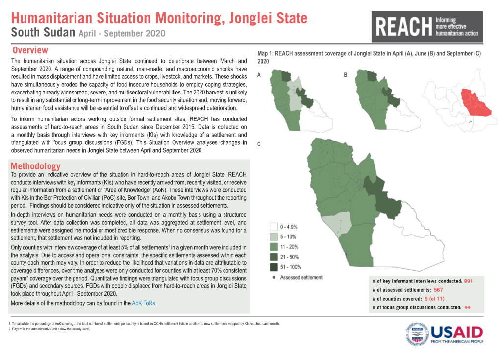 Humanitarian Situation Monitoring, Jonglei State South Sudan April - September 2020