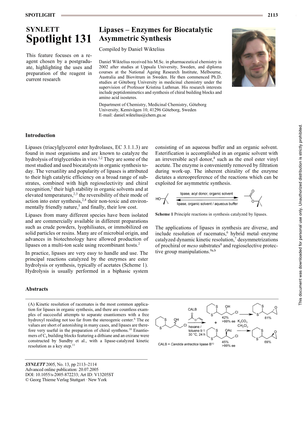 Lipases-Enzymes for Biocatalytic Asymmetric Synthesis