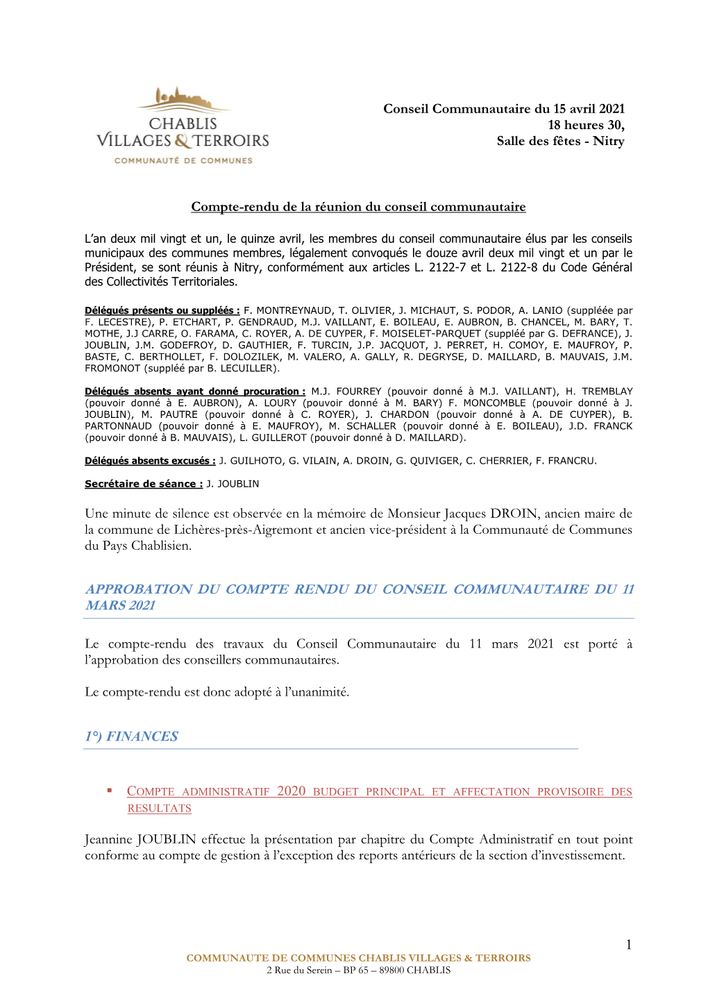 Compte Rendu Du Conseil Communautaire Du 15 Avril 2021