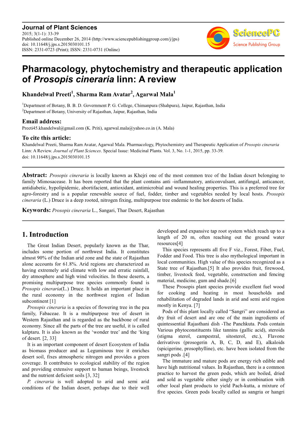 Pharmacology, Phytochemistry and Therapeutic Application of Prosopis Cineraria Linn: a Review