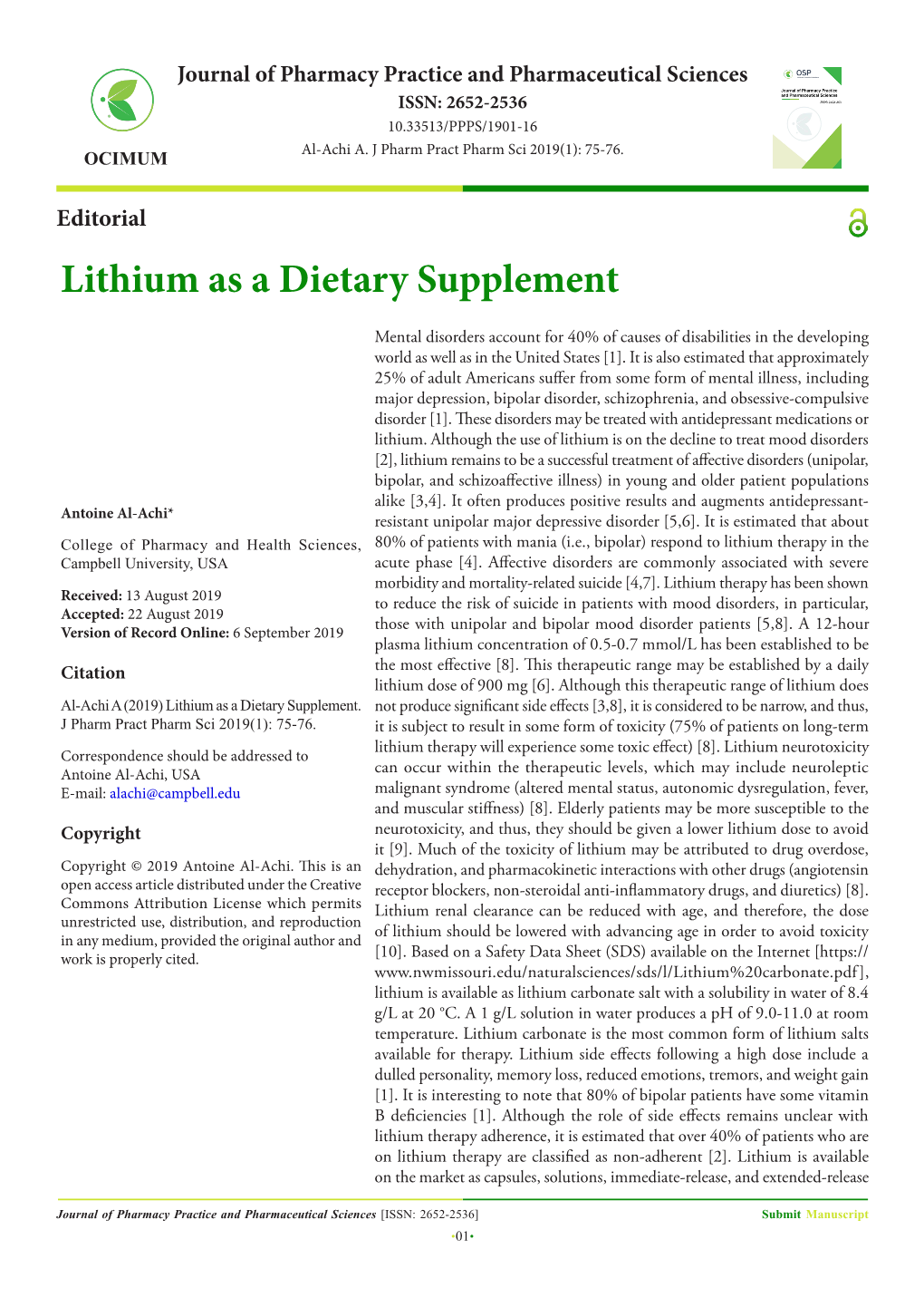 Lithium As a Dietary Supplement