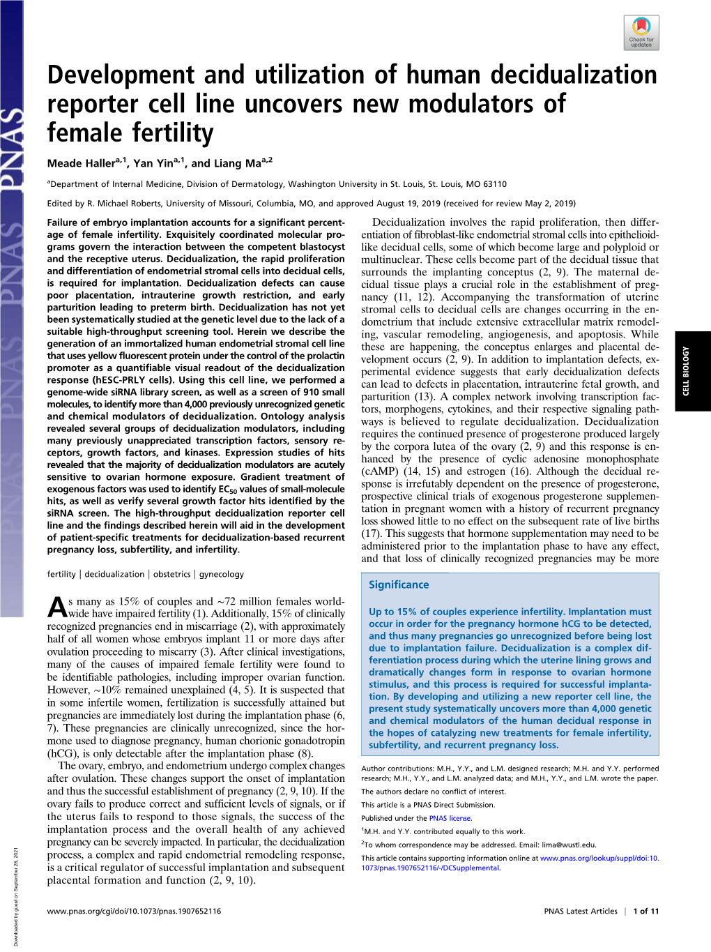 Development and Utilization of Human Decidualization Reporter Cell Line Uncovers New Modulators of Female Fertility