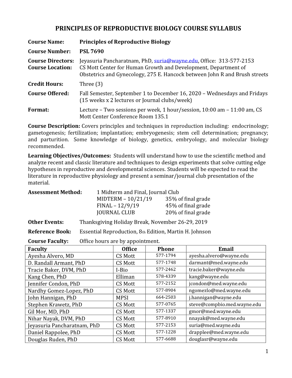 Principles of Reproductive Biology Course Syllabus