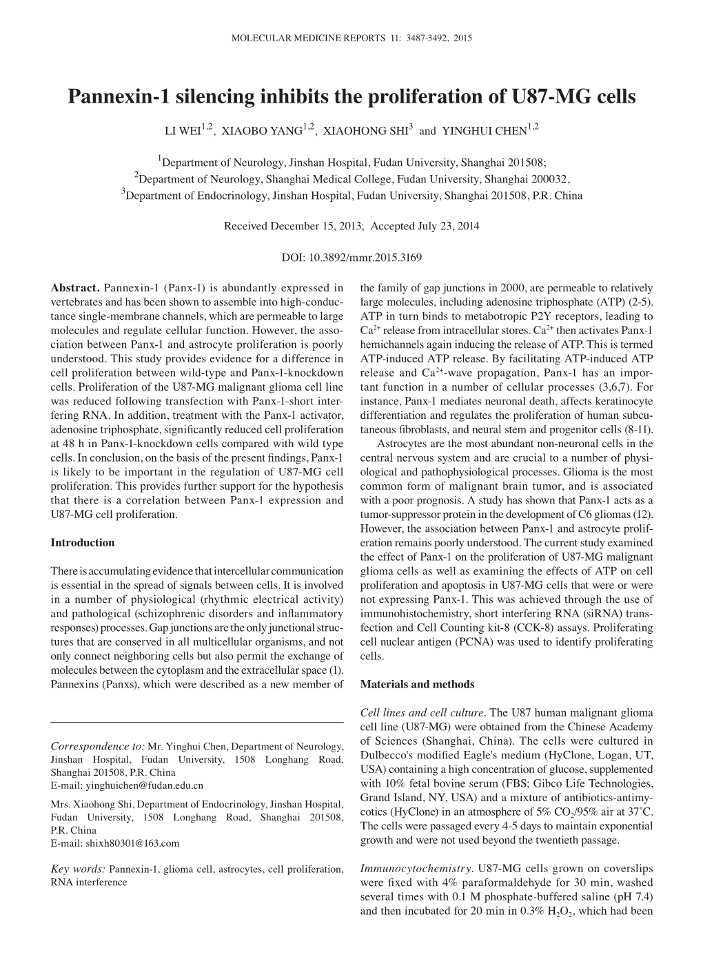 Pannexin‑1 Silencing Inhibits the Proliferation of U87‑MG Cells