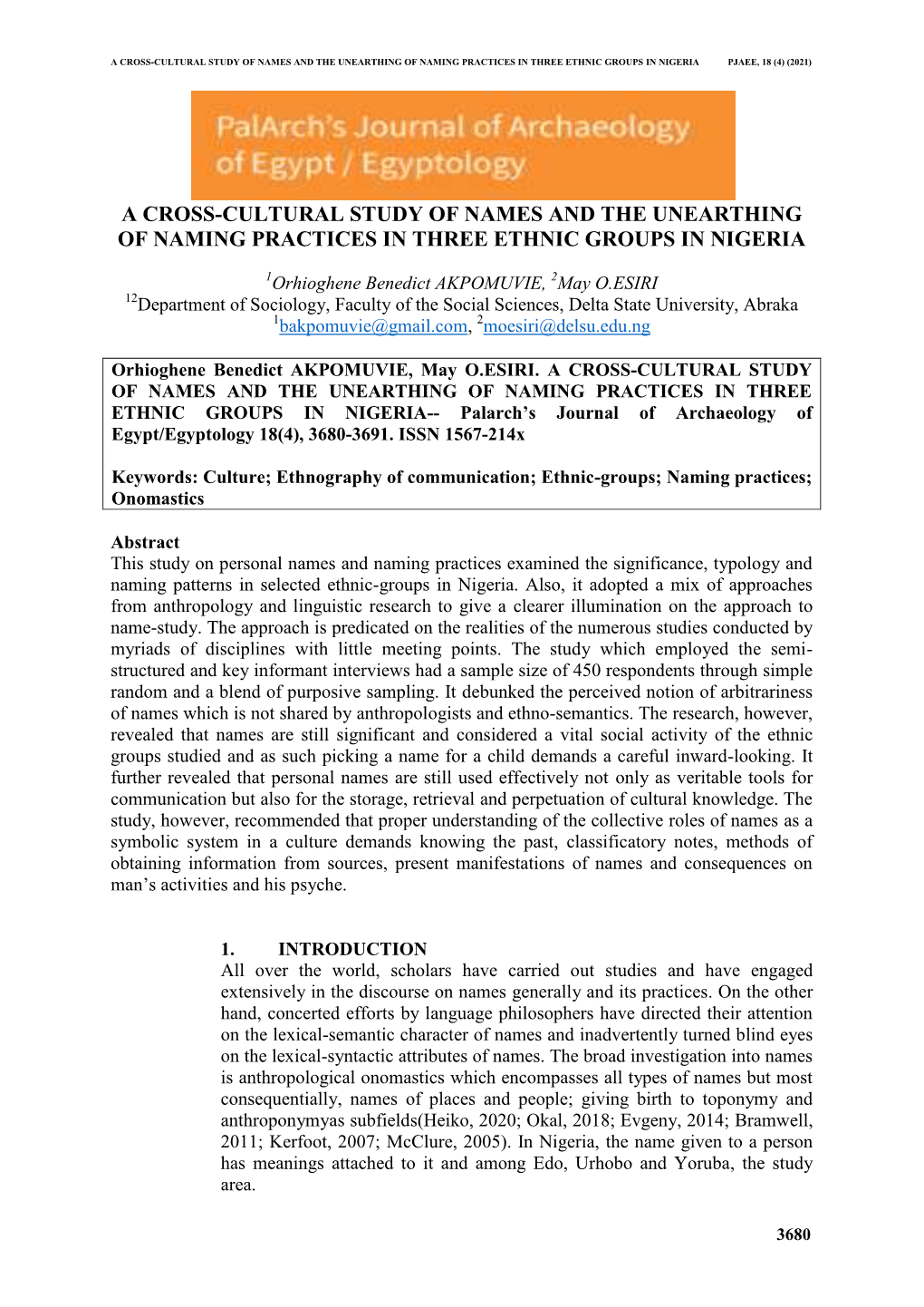 A Cross-Cultural Study of Names and the Unearthing of Naming Practices in Three Ethnic Groups in Nigeria Pjaee, 18 (4) (2021)