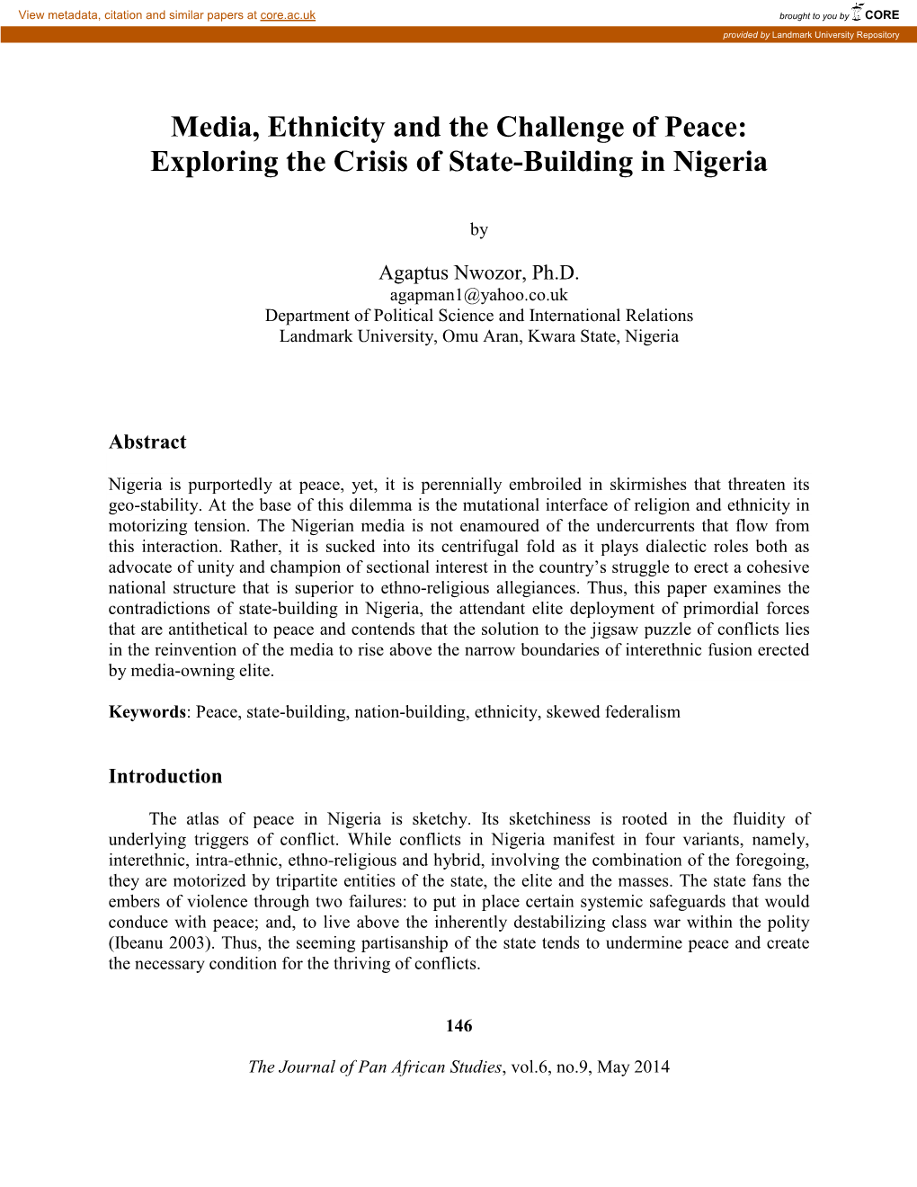 Media, Ethnicity and the Challenge of Peace: Exploring the Crisis of State-Building in Nigeria
