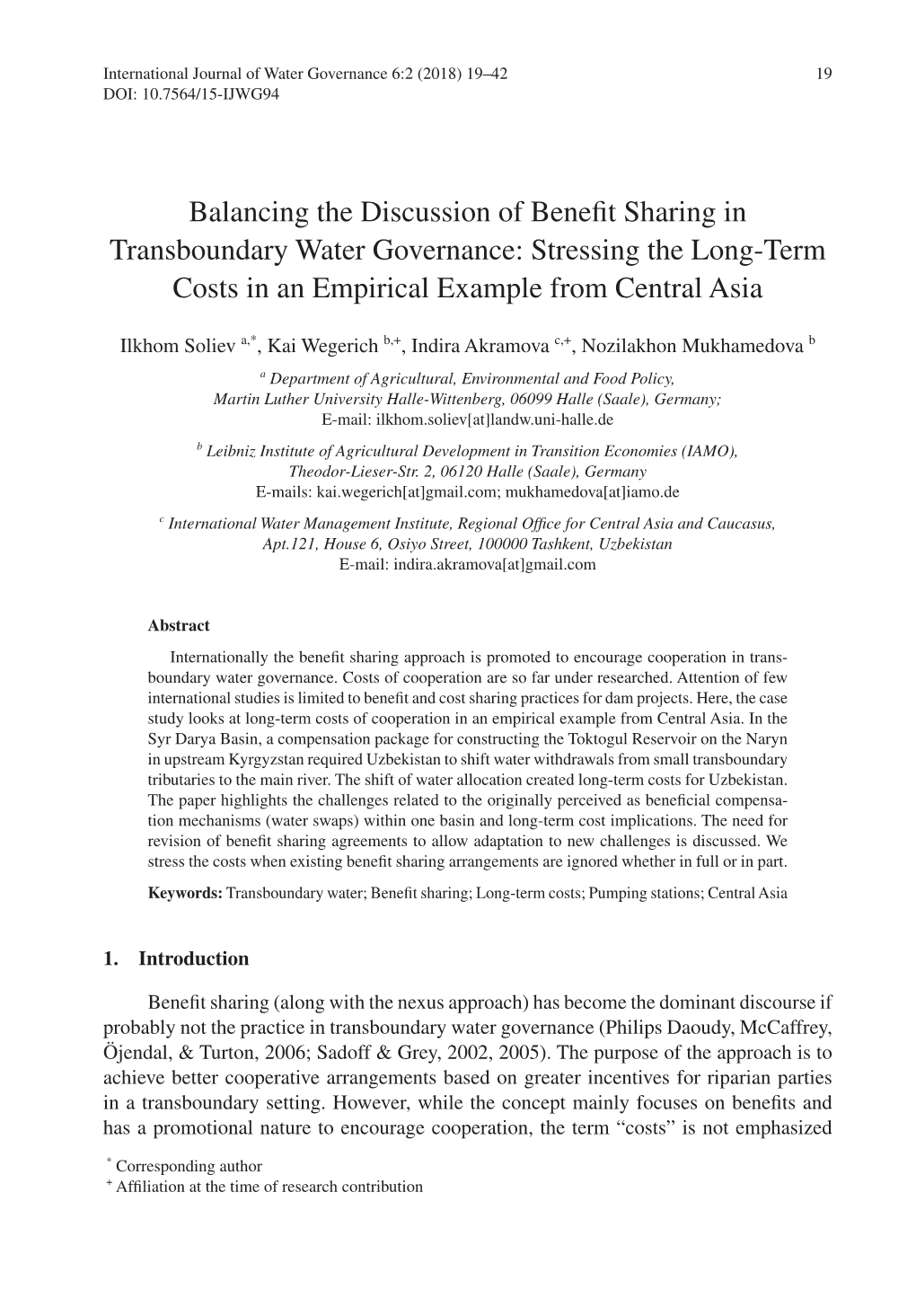 Balancing the Discussion of Benefit Sharing in Transboundary Water Governance: Stressing the Long-Term Costs in an Empirical Example from Central Asia