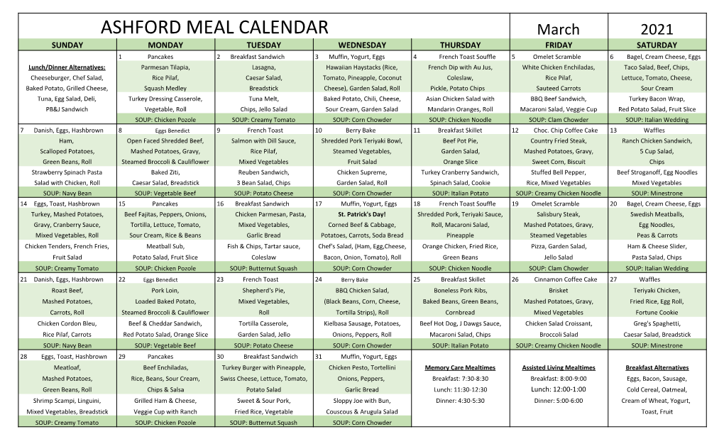 Sheets Ashford Meal Calendar 2021 Current