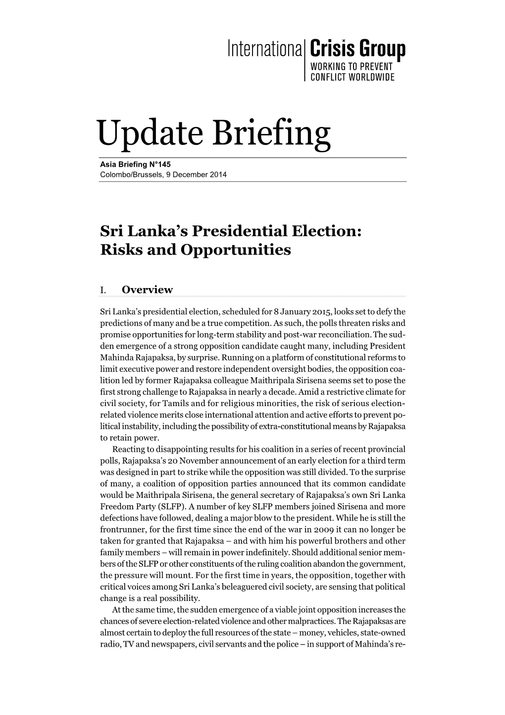 Sri Lanka's Presidential Election: Risks and Opportunities