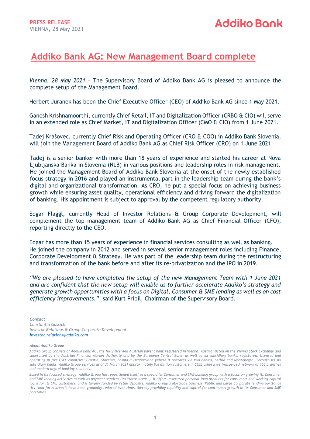 PRESS RELEASE VIENNA, 28 May 2021