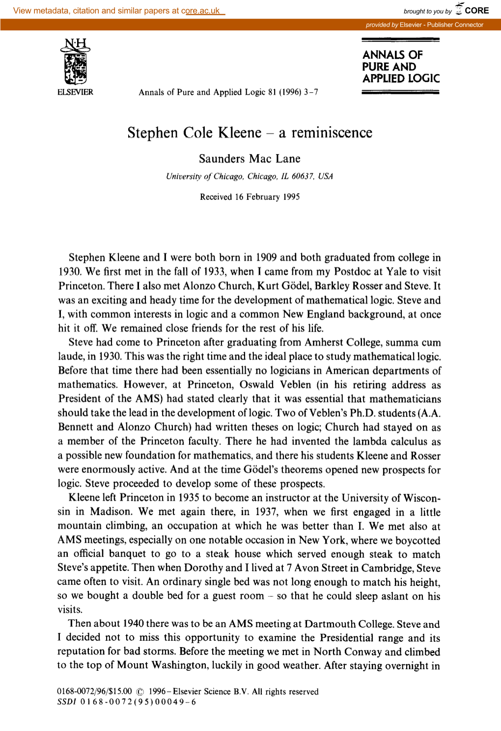 Stephen Cole Kleene - a Reminiscence