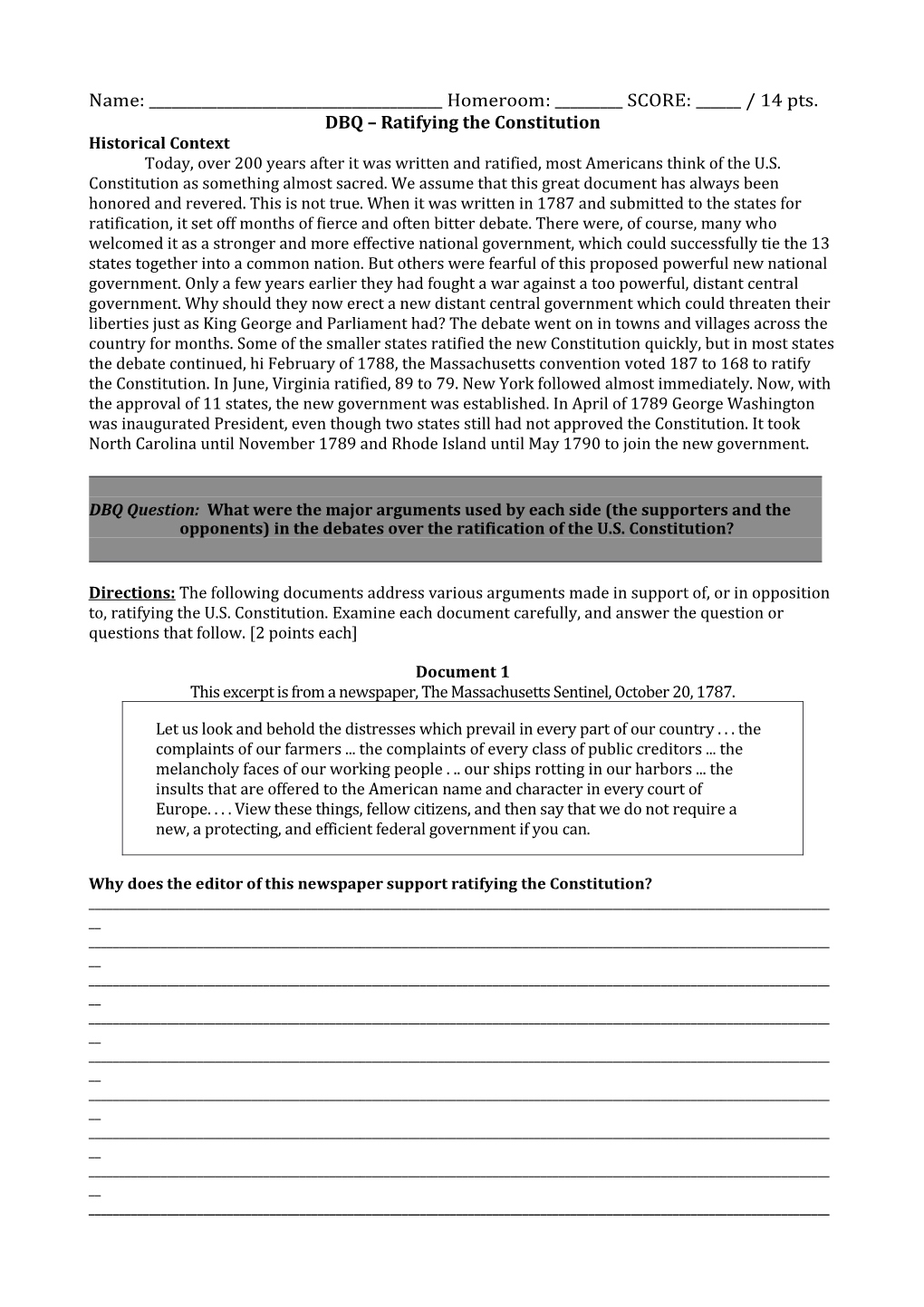 Document Based Question: Ratifying the Constitution