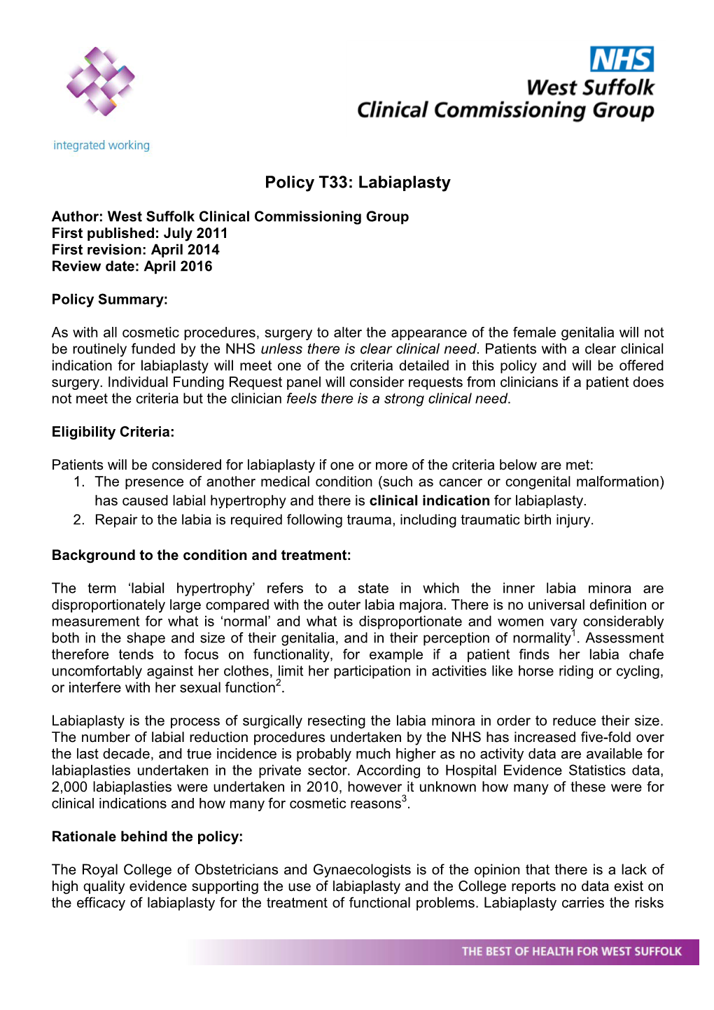Policy T33: Labiaplasty