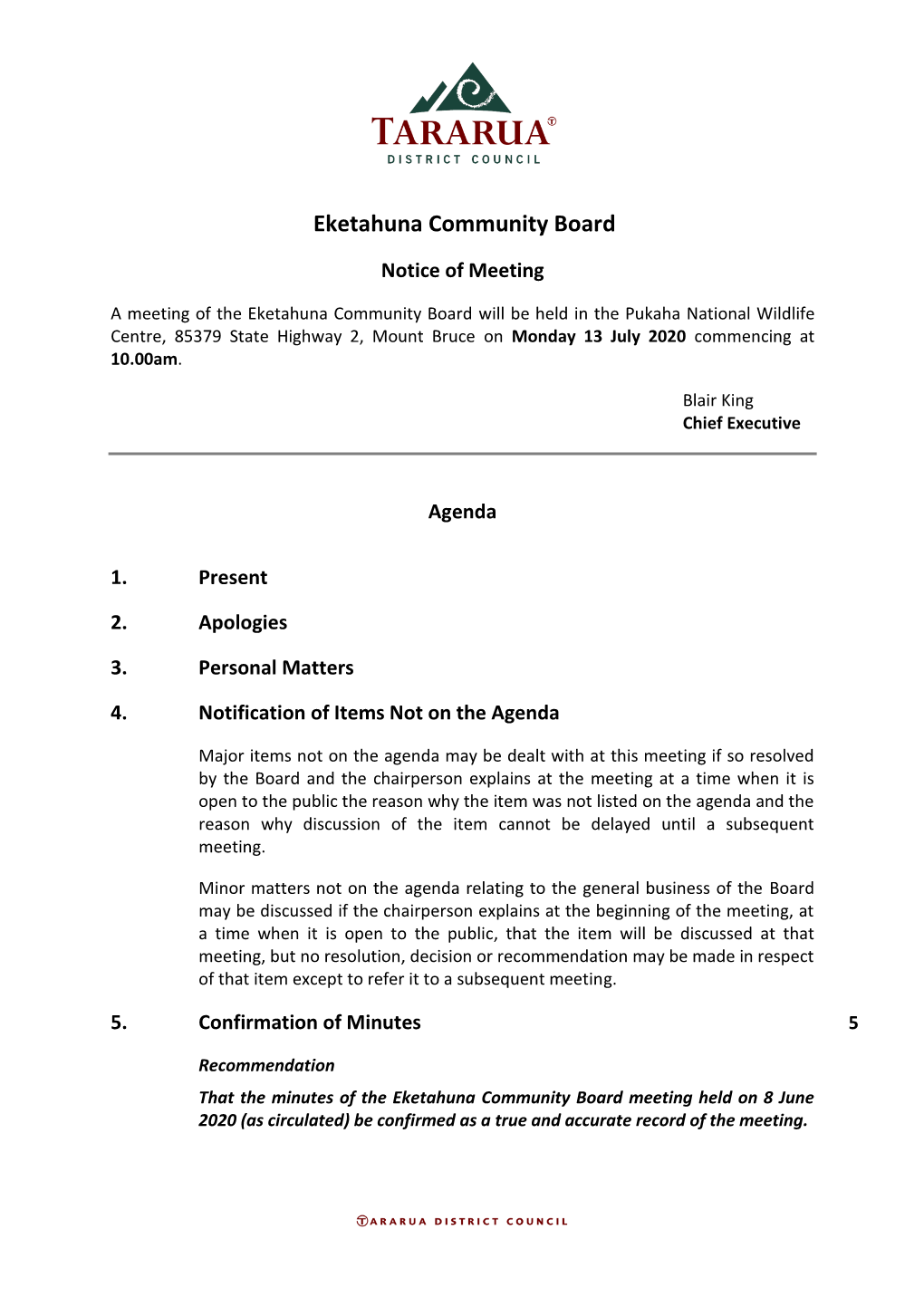 Agenda of Eketahuna Community Board Meeting