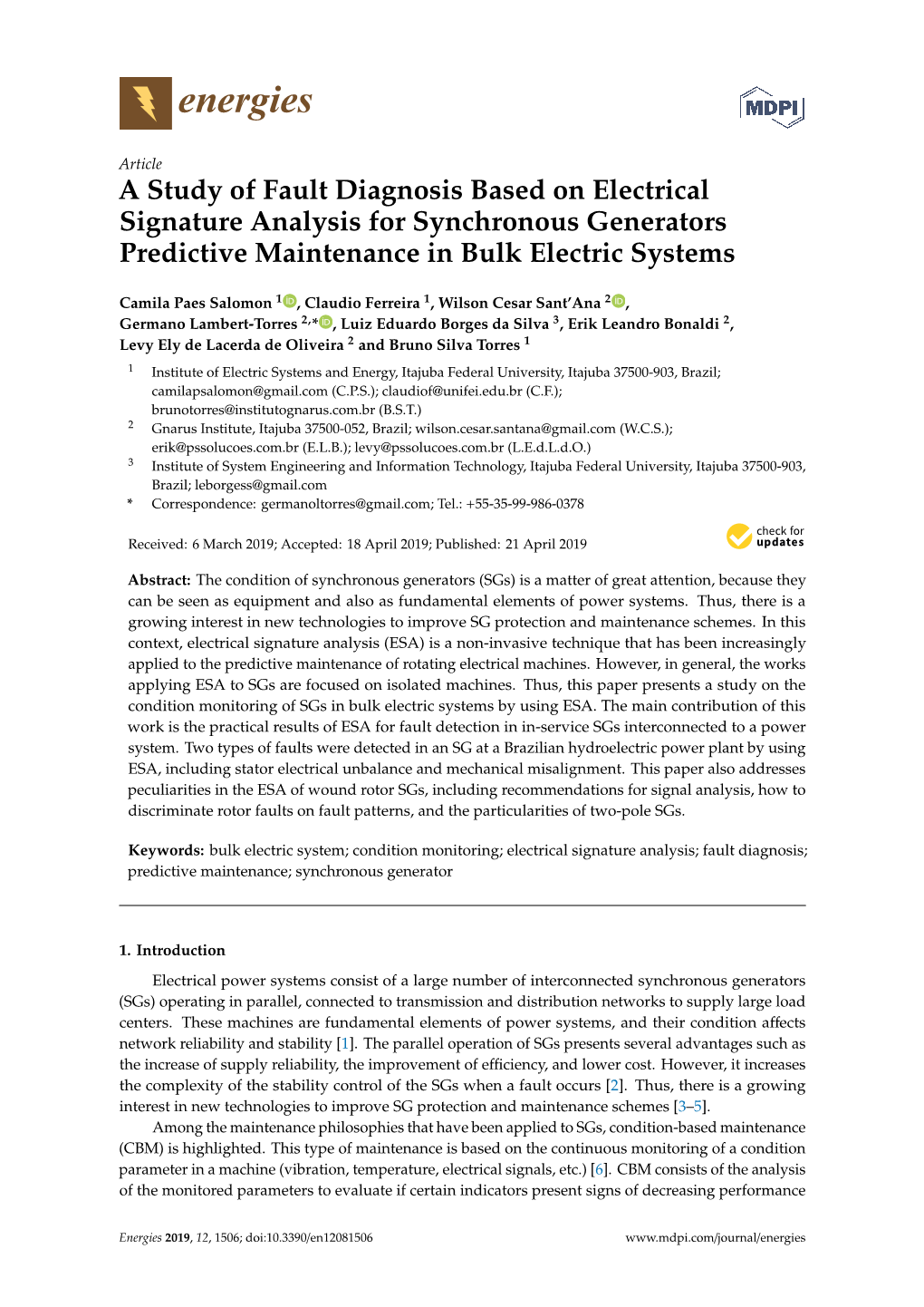 A Study of Fault Diagnosis Based on Electrical Signature Analysis for Synchronous Generators Predictive Maintenance in Bulk Electric Systems