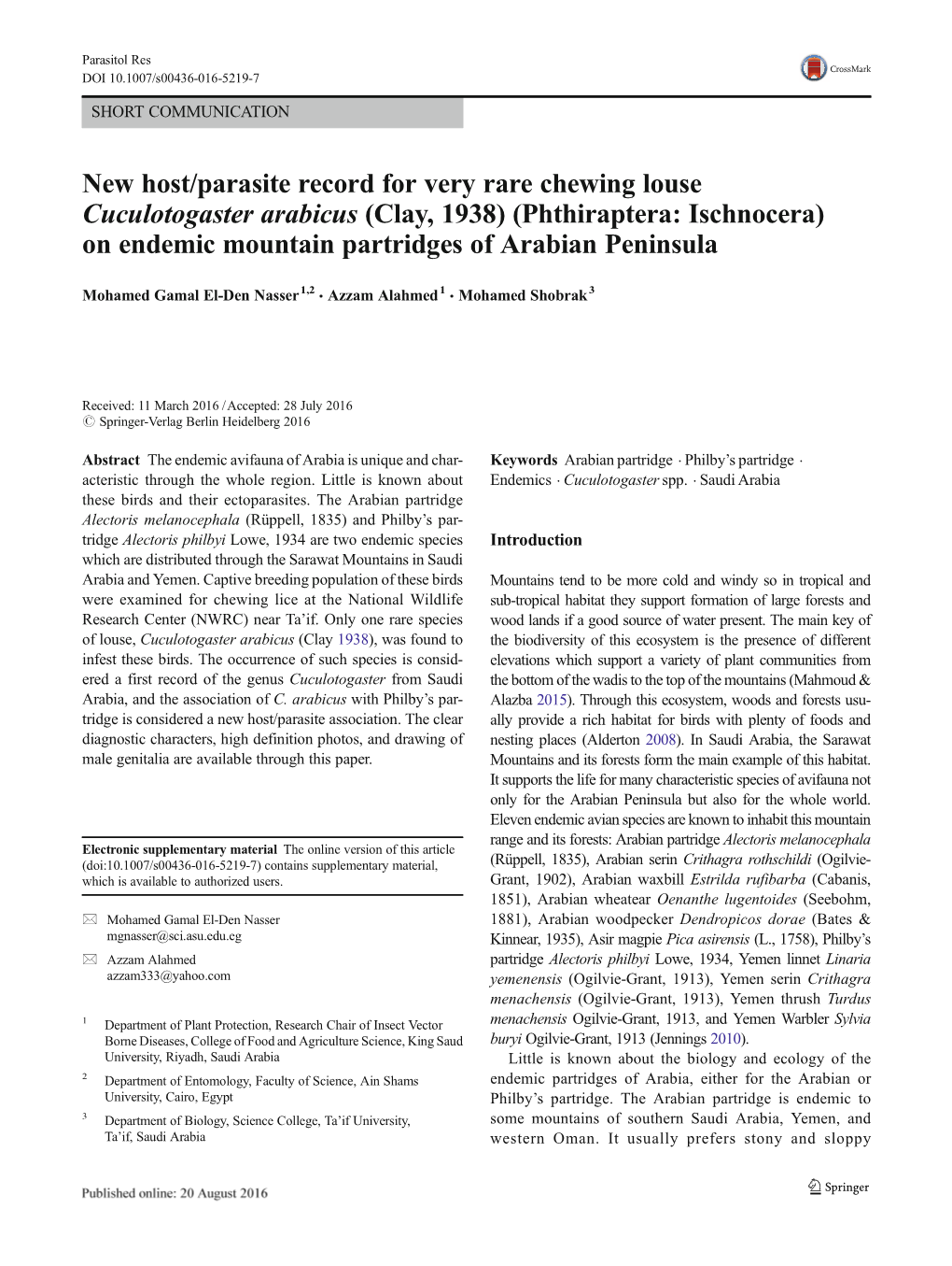 Phthiraptera: Ischnocera) on Endemic Mountain Partridges of Arabian Peninsula