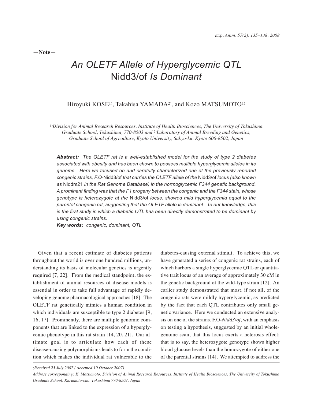 An OLETF Allele of Hyperglycemic QTL Nidd3/Of Is Dominant