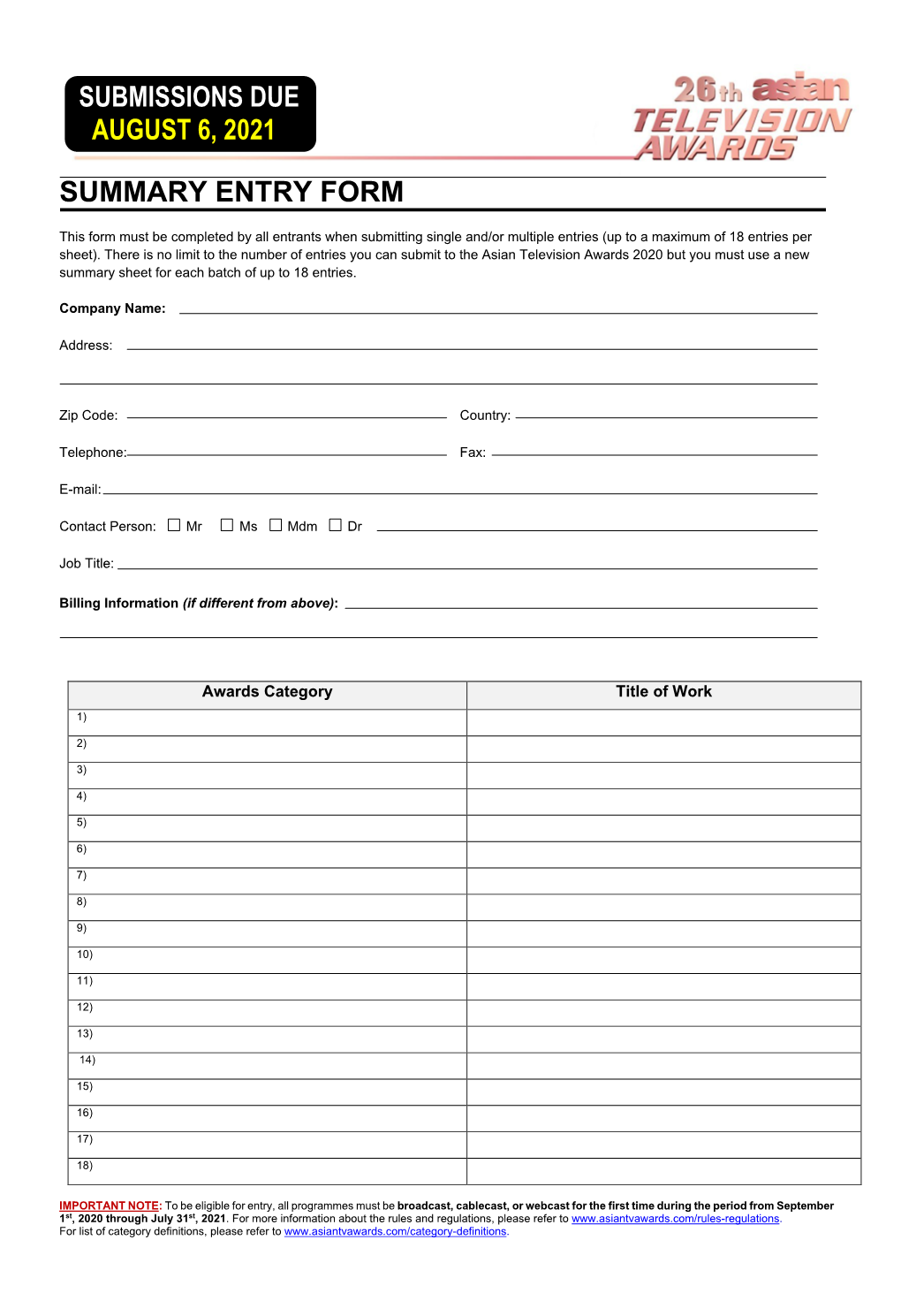 Download ATA 2021 Summary Entry Form In