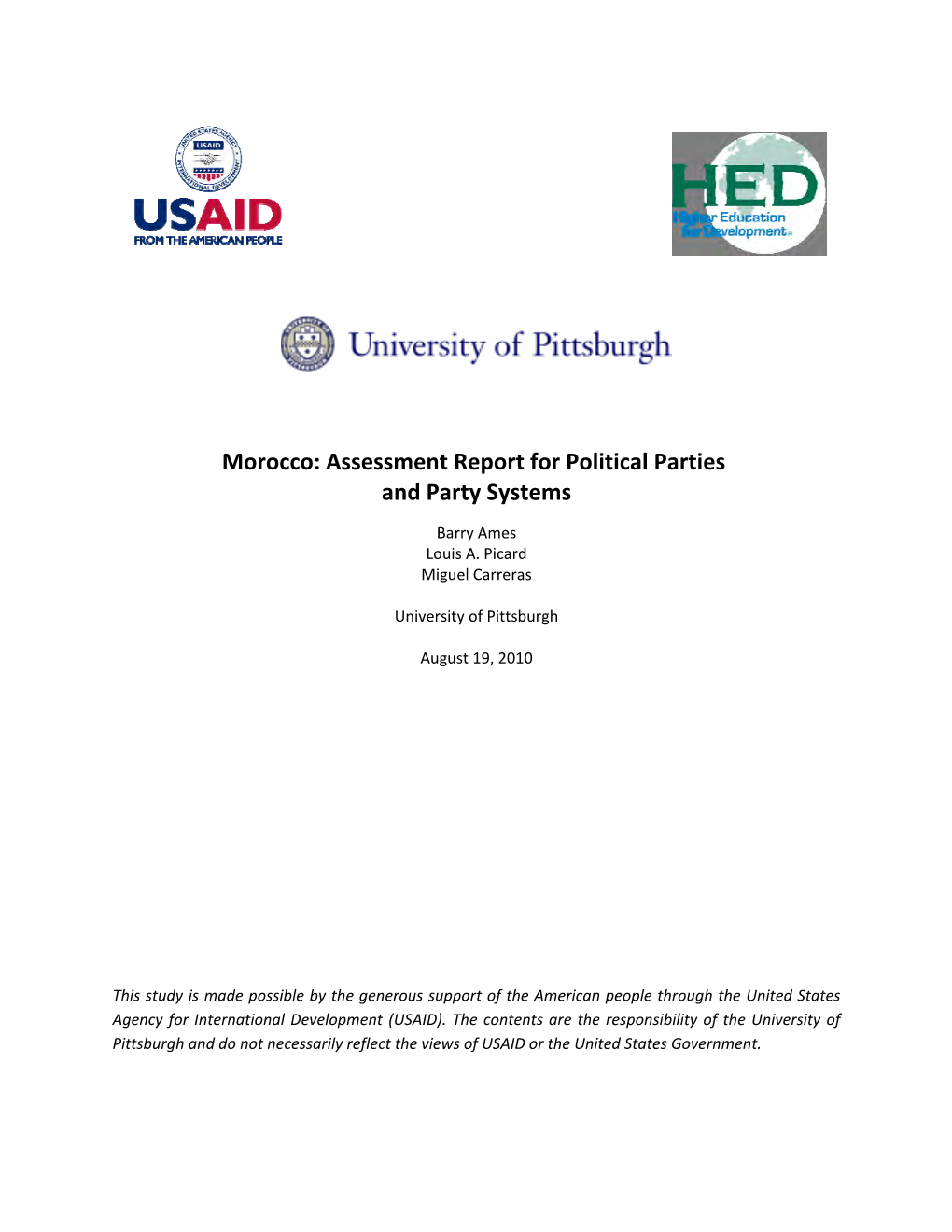Morocco: Assessment Report for Political Parties and Party Systems