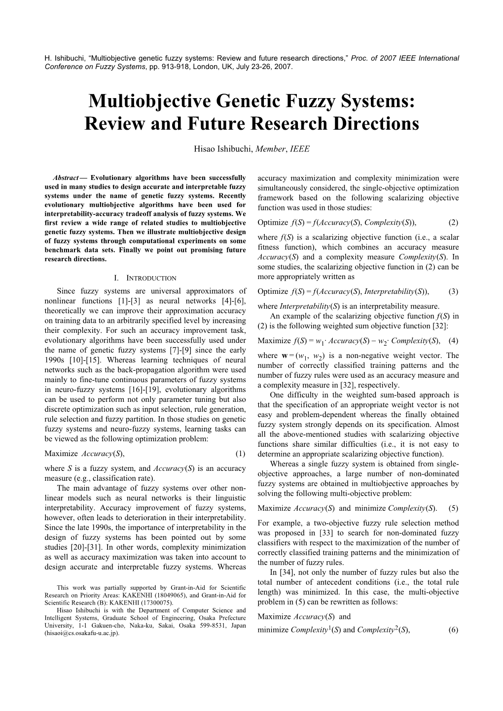 Multiobjective Genetic Fuzzy Systems: Review and Future Research Directions,” Proc