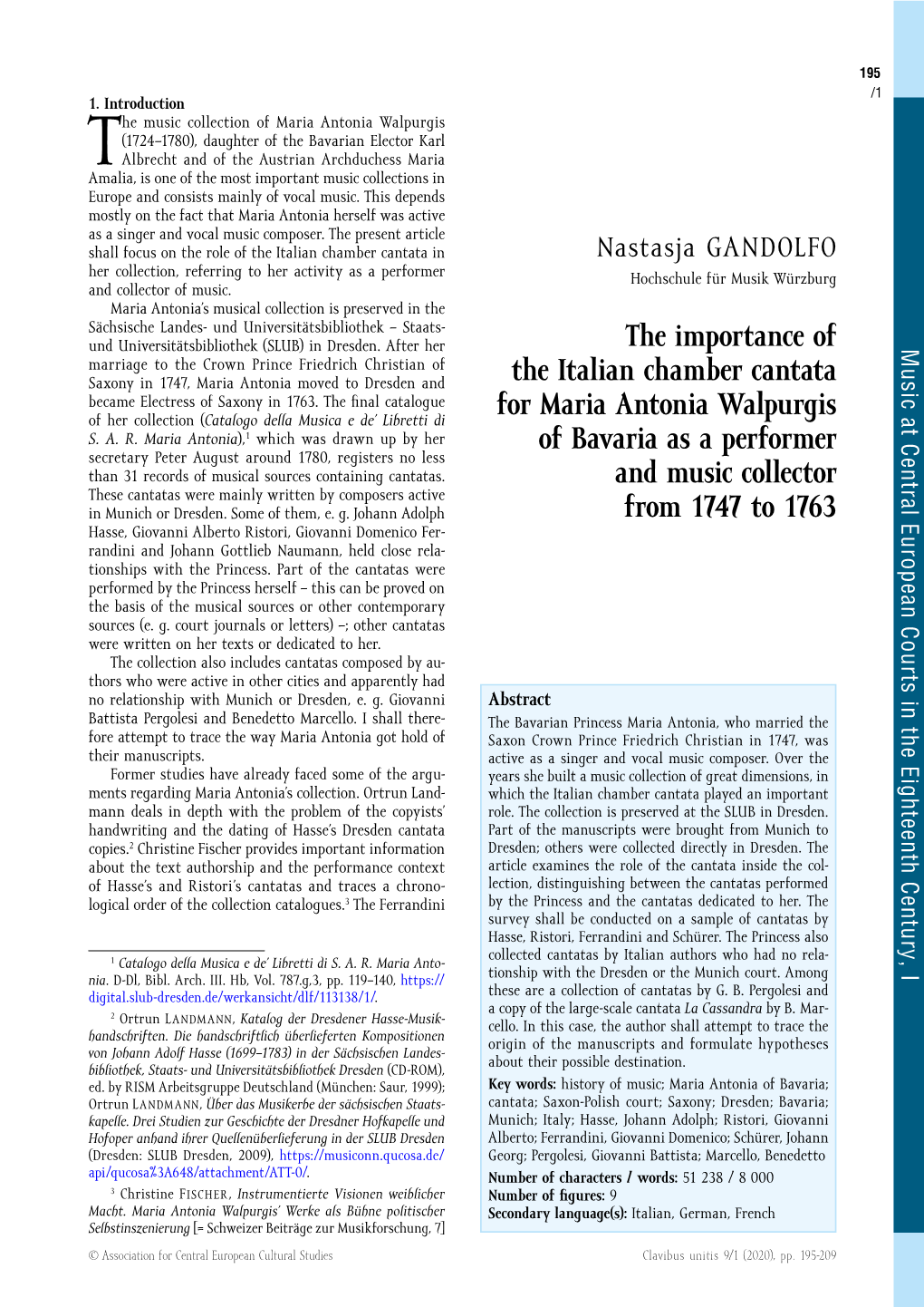 The Importance of the Italian Chamber Cantata for Maria Antonia Walpurgis of Bavaria As a Performer and Music Collector