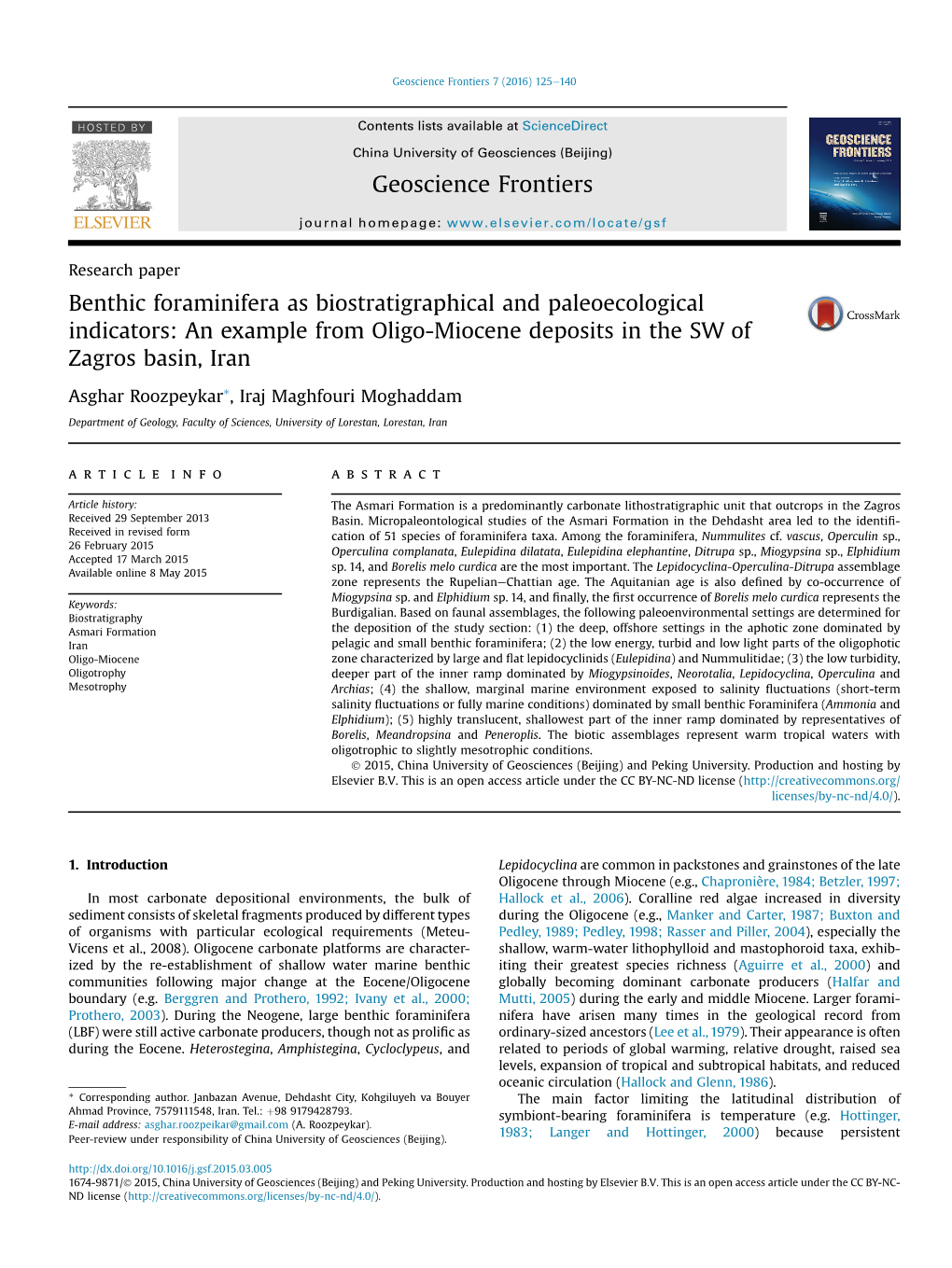 Benthic Foraminifera As Biostratigraphical and Paleoecological Indicators: an Example from Oligo-Miocene Deposits in the SW of Zagros Basin, Iran