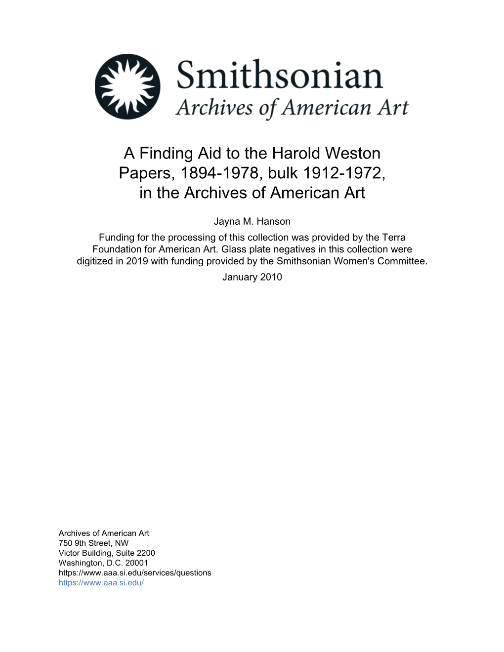 A Finding Aid to the Harold Weston Papers, 1894-1978, Bulk 1912-1972, in the Archives of American Art