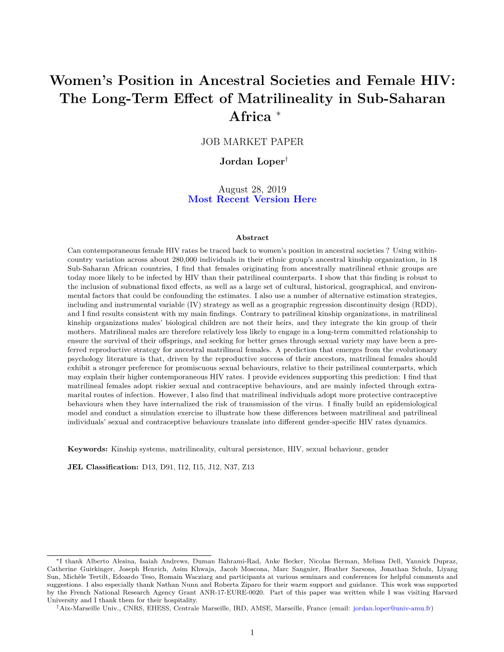 Women's Position in Ancestral Societies and Female HIV: the Long-Term Effect of Matrilineality in Sub-Saharan Africa