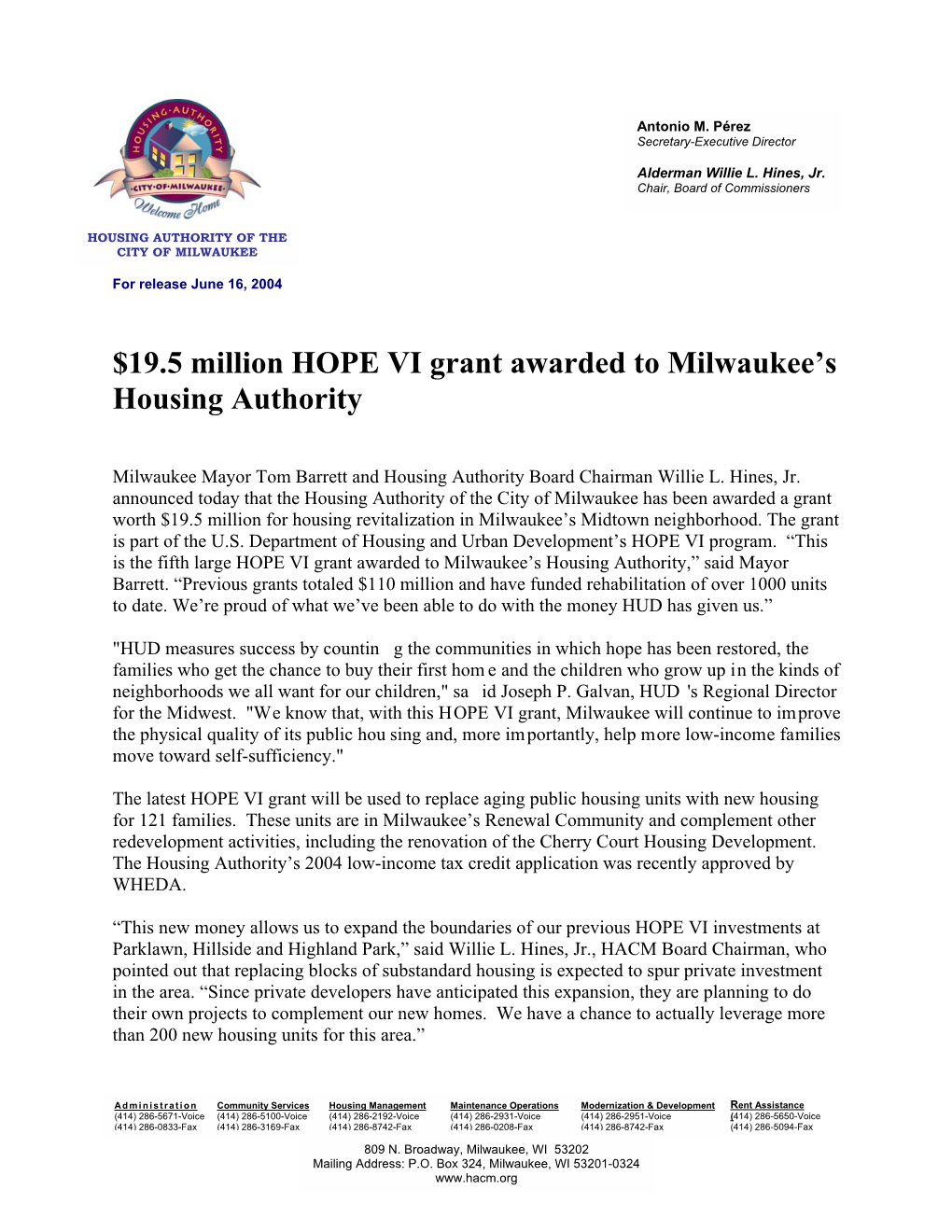 $19.5 Million HOPE VI Grant Awarded to Milwaukee's Housing Authority