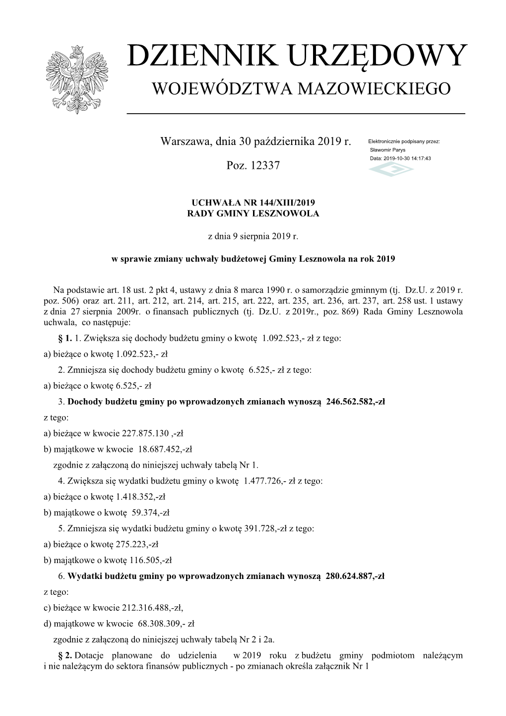 Uchwala Nr 144/XIII/2019 Z Dnia 9 Sierpnia 2019 R