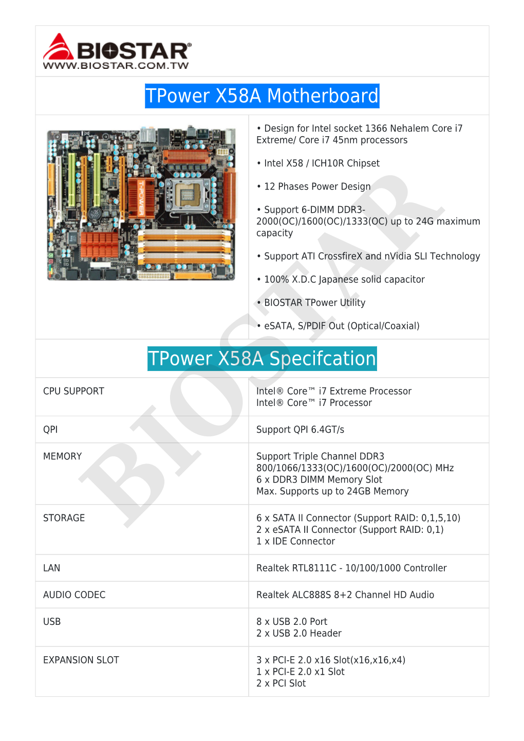 Tpower X58A Motherboard