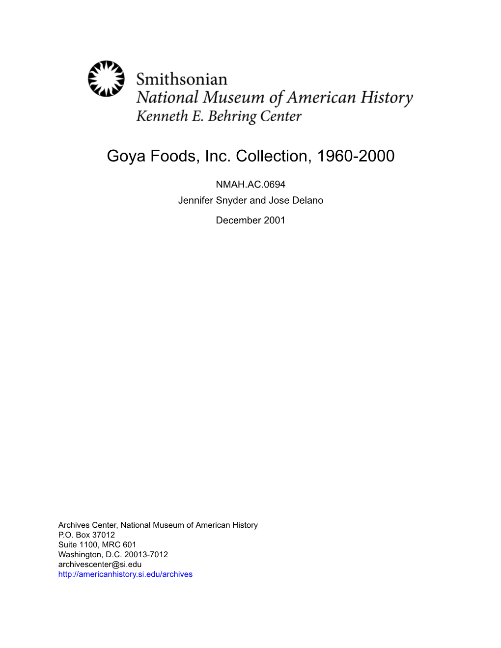 Goya Foods, Inc. Collection, 1960-2000